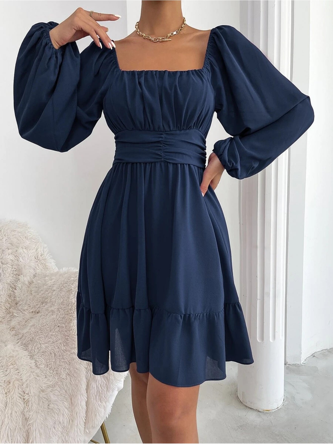 Women'S Elegant Navy Knot Back Lantern Sleeve Ruffle Hem Milkmaid Dress - Square Neck Short Formal Party Wedding Guest Dress with Puff Sleeve Ruffles, All-Season Versatile Party & Semi-Formal Attire, Comfortable & Flattering Fit, Easy Care Fabric