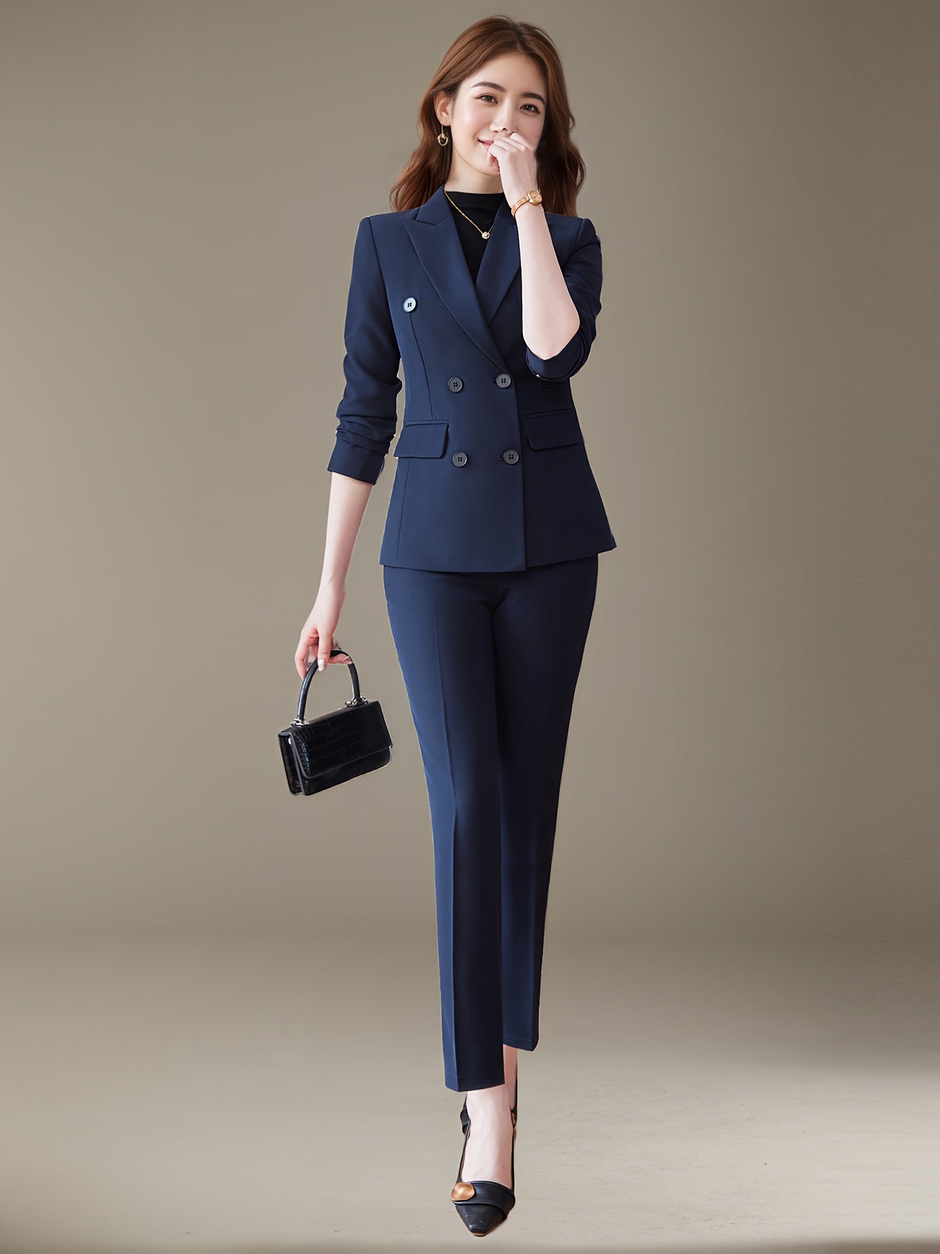 Fashionable and Simple Commuter Women's Suit Set with Double-Breasted Elegant Slim-Fit High-End Suit Pants Two-Piece Set