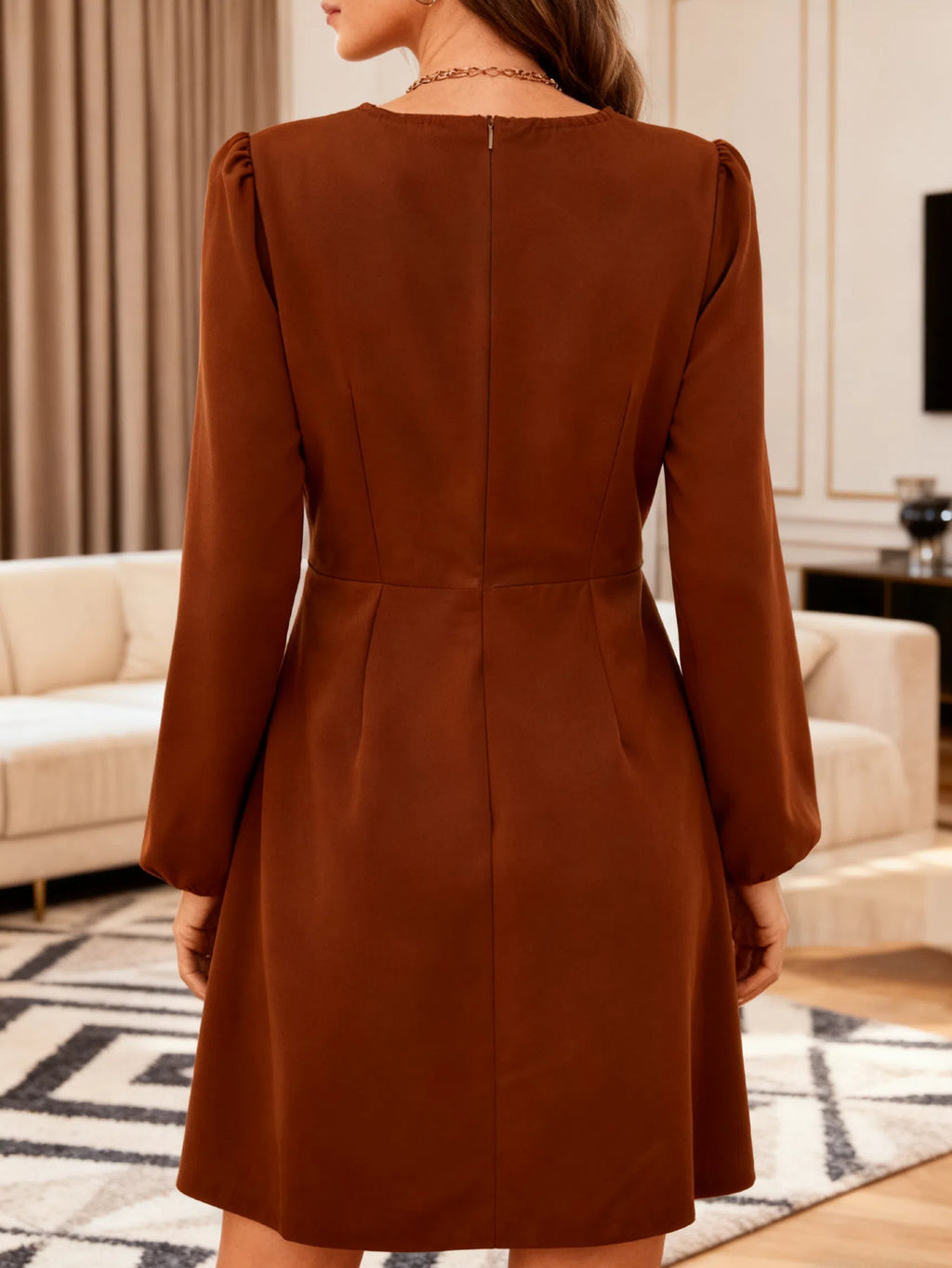 Women'S Elegant Brown V-Neck Long Puff Sleeve A-Line Mini Dress with Twist Knot Back - Solid Color Winter Party Dress for Christmas, Thanksgiving & New Year'S Eve, Wrinkle-Resistant Formal Guest Outfit, Easy-Care Holiday Attire