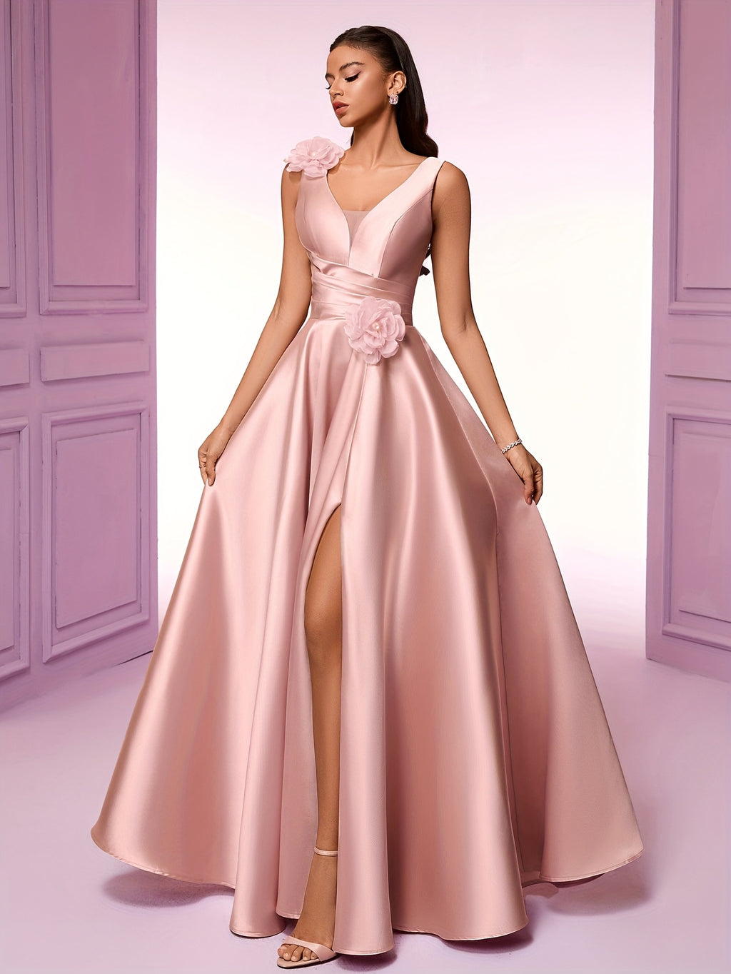 Elegant Women'S Sleeveless V-Neck Gown with Floral Waist Detail - High Waist, Flowing Silhouette, Perfect for Parties, Galas, and Formal Events, High Waist Gown