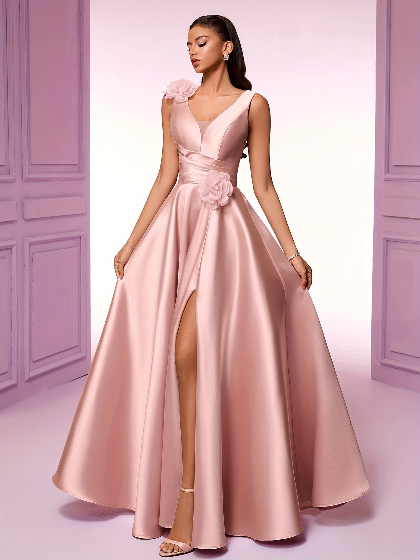 Elegant Women'S Sleeveless V-Neck Gown with Floral Waist Detail - High Waist, Flowing Silhouette, Perfect for Parties, Galas, and Formal Events, High Waist Gown