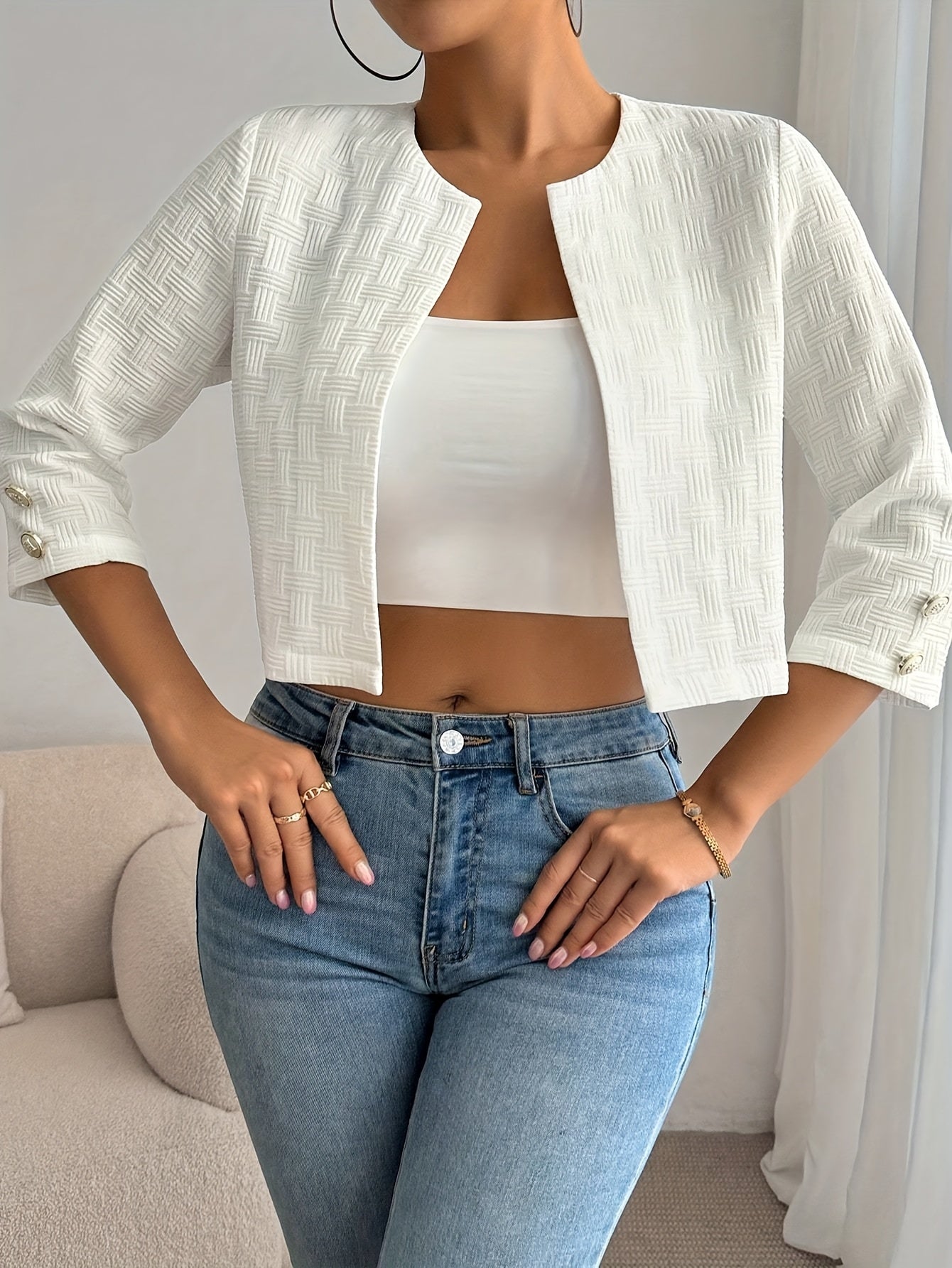 Women's Elegant Retro White Jacket - Casual Chic Cropped Three-Quarter Sleeve Open Front Blazer, Solid Color All-Season Versatile Outerwear, Stylish Layering, Sophisticated Tailoring