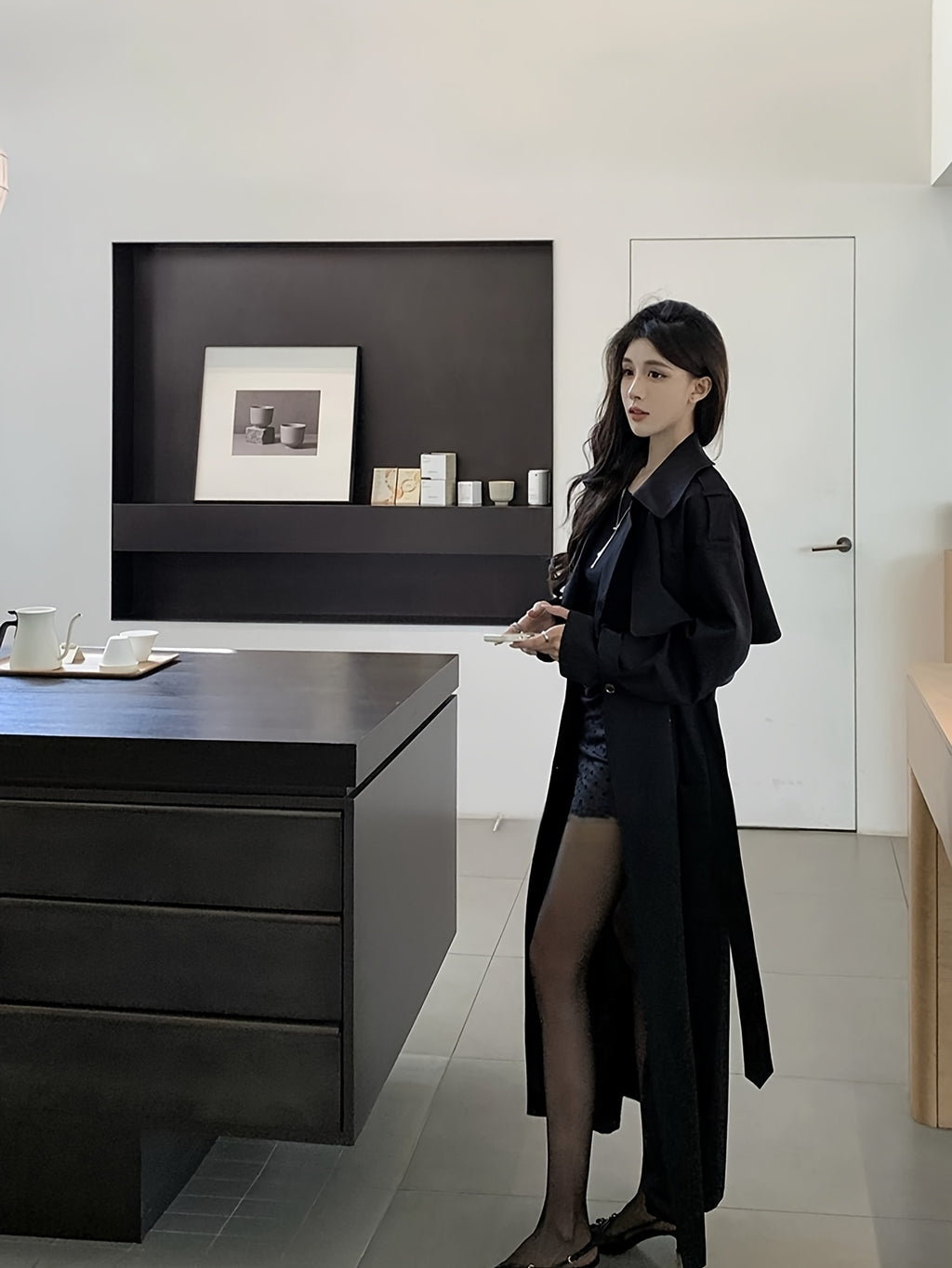 Women'S Elegant Black Lace-Up Fitted Long Coat Jacket - Chic Button-Front Closure, Non-Stretch Fabric, Loose Fit, Perfect for Fall\u002FWinter, Office, Party