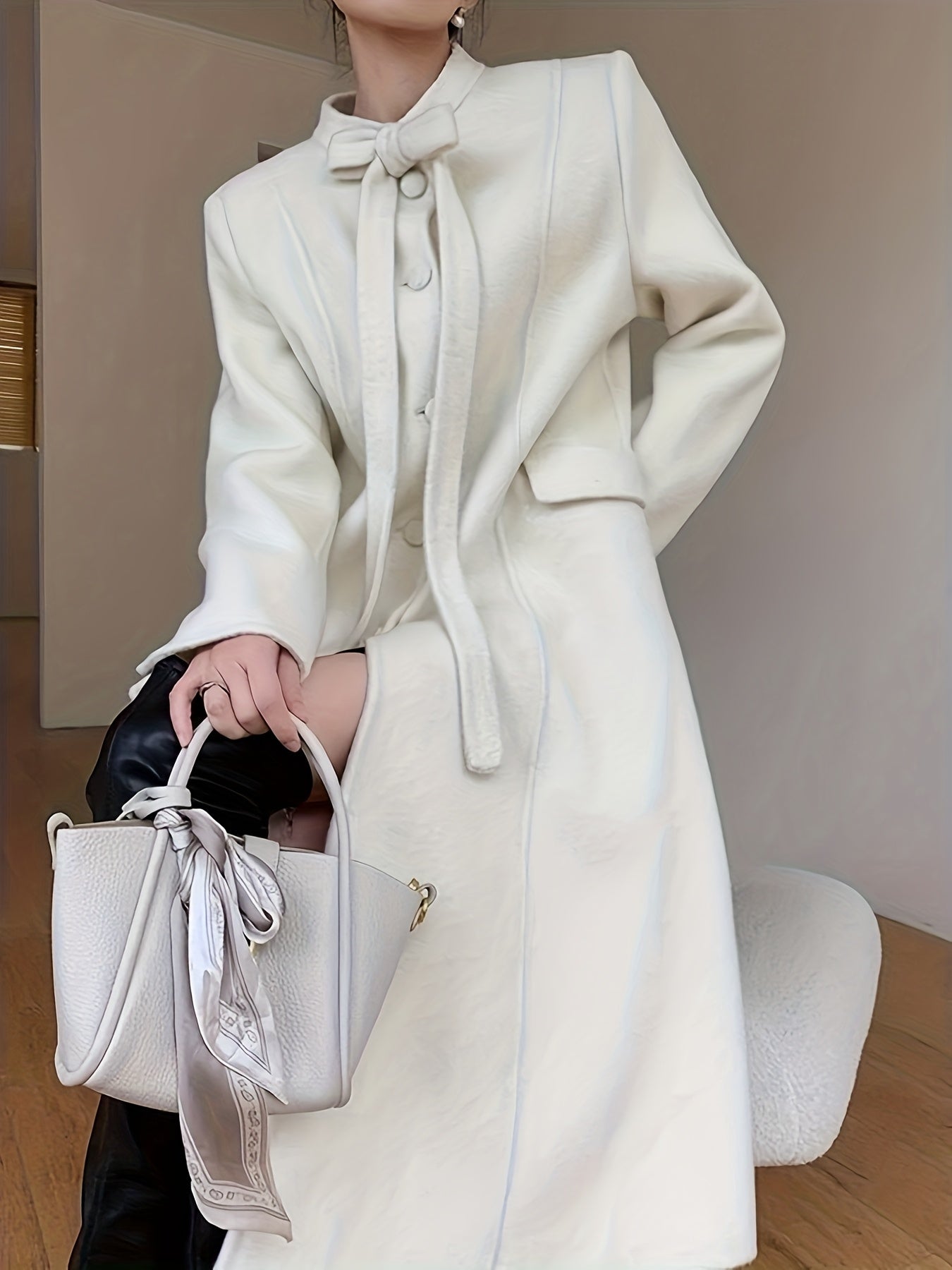 Women'S Elegant Winter Coat - \u002FNeutral Trench Coat with Front Bow, Structured Collar & Long Sleeves, Chic Office to Party Outerwear for Fall\u002FWinter