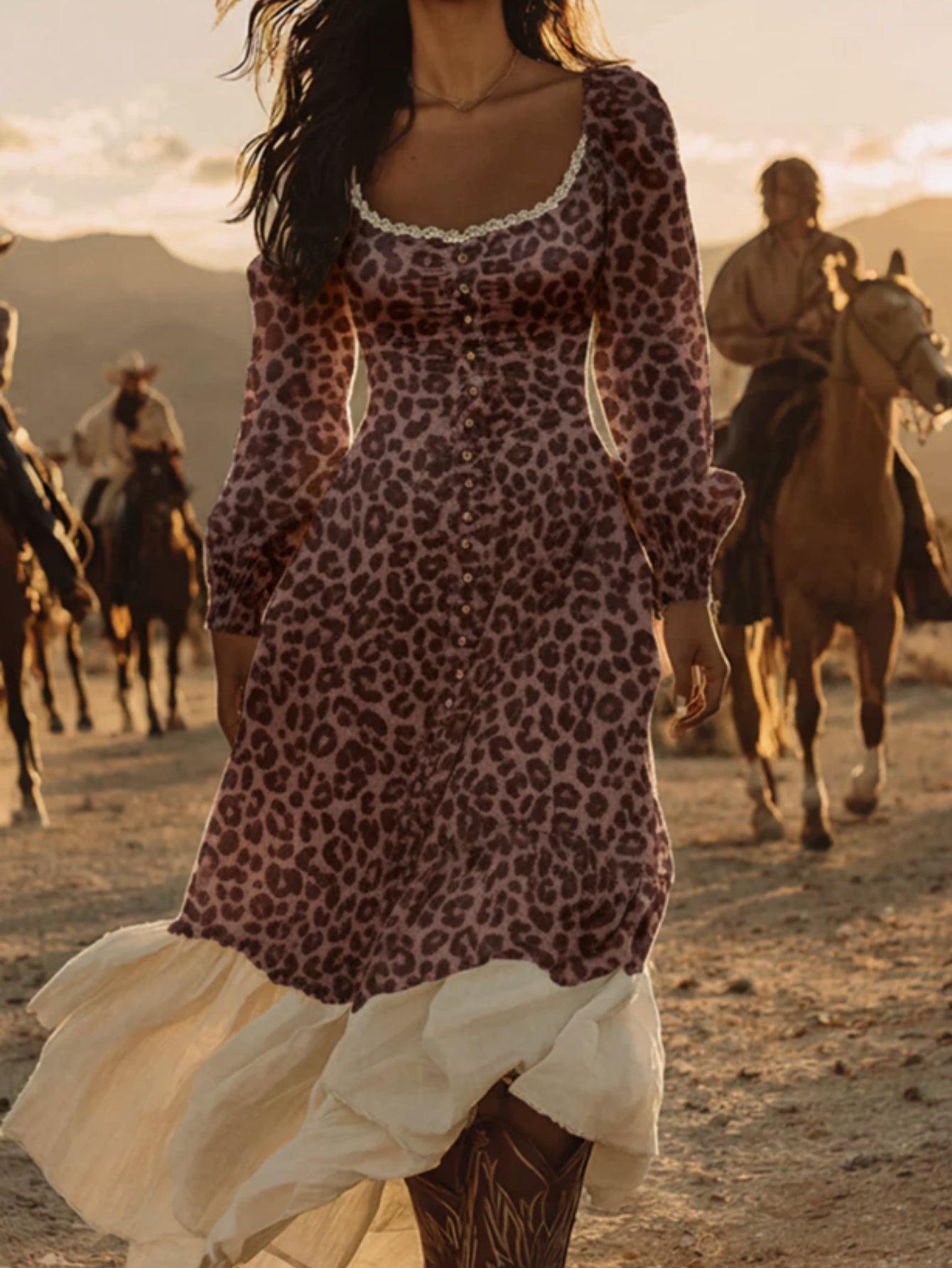 Leopard Print Patchwork Hem Square Neck Dress for Women | Fashionable Vintage Western-Style Design, Suitable for Countryside Events And Everyday Outings, Elegant Fitted Style for Fall\u002FWinter