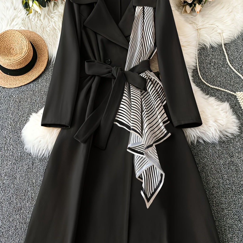 Elegant Black Double-Breasted Coat with White Piping & Bow Tie Belt - Full-Length Winter Jacket, Structured Collar, Machine Washable for, Weddings, Parties - Tailored Trench Coat