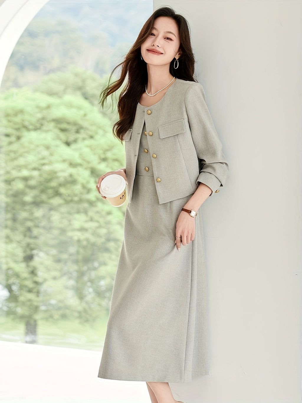 Elegant French-Inspired Two-Piece Set: Spring\u002FAutumn Long Sleeve Jacket with Waist-Cinching Design and a Skirt with Spaghetti Straps, Featuring a Button Detail, Perfect for a Chic Look