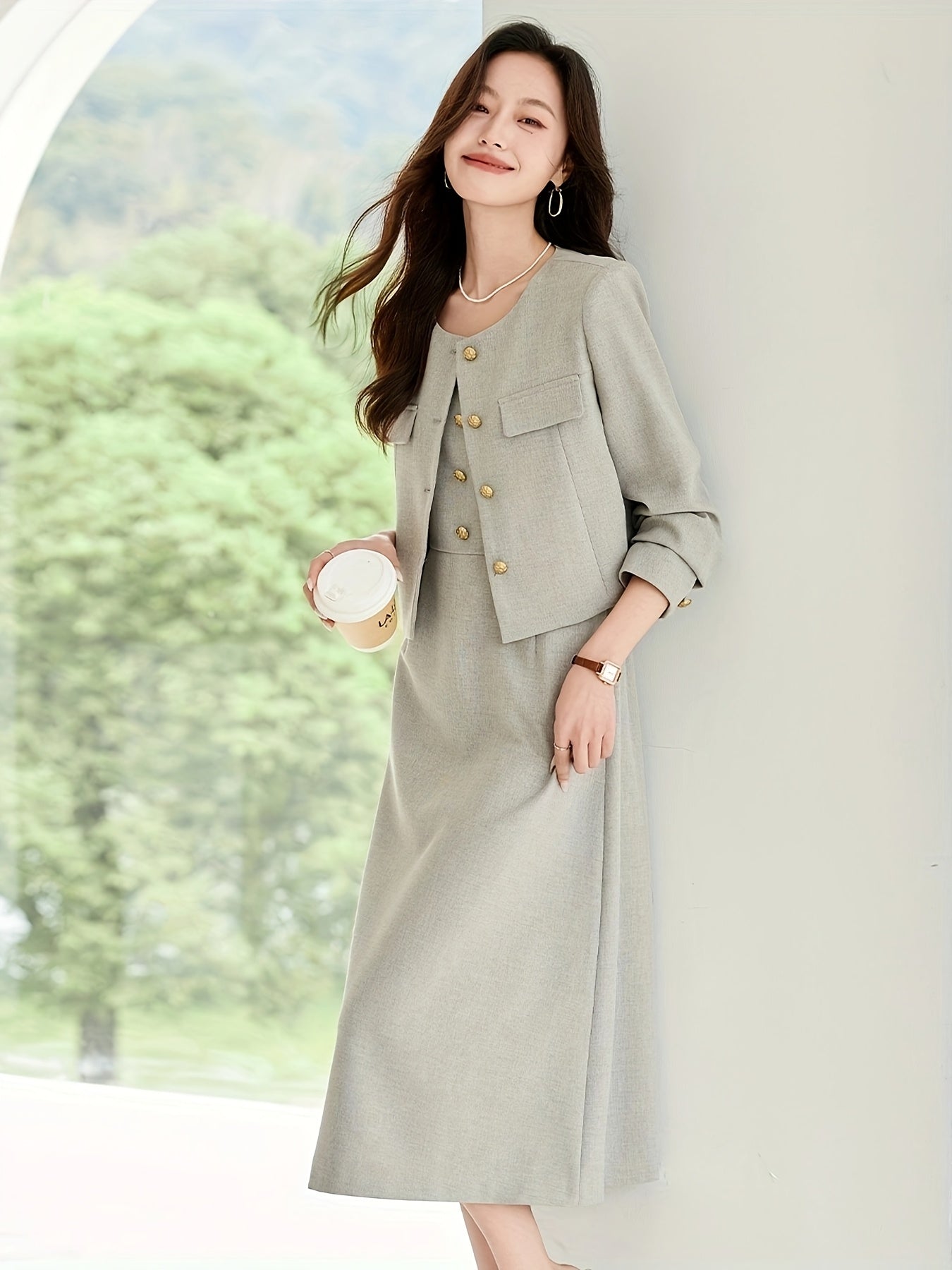 Elegant French-Inspired Two-Piece Set: Spring\u002FAutumn Long Sleeve Jacket with Waist-Cinching Design and a Skirt with Spaghetti Straps, Featuring a Button Detail, Perfect for a Chic Look