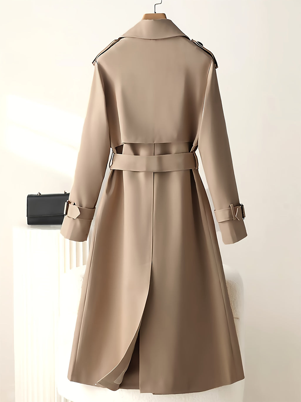 Women's Elegant Beige Trench Coat - Heavy-Duty Winter Jacket with Collar & Belted Waist, Structured Fit, Golden-Tone Button Closure, Machine Washable Classic Outerwear for, Casual & Formal Events (No Stretch)