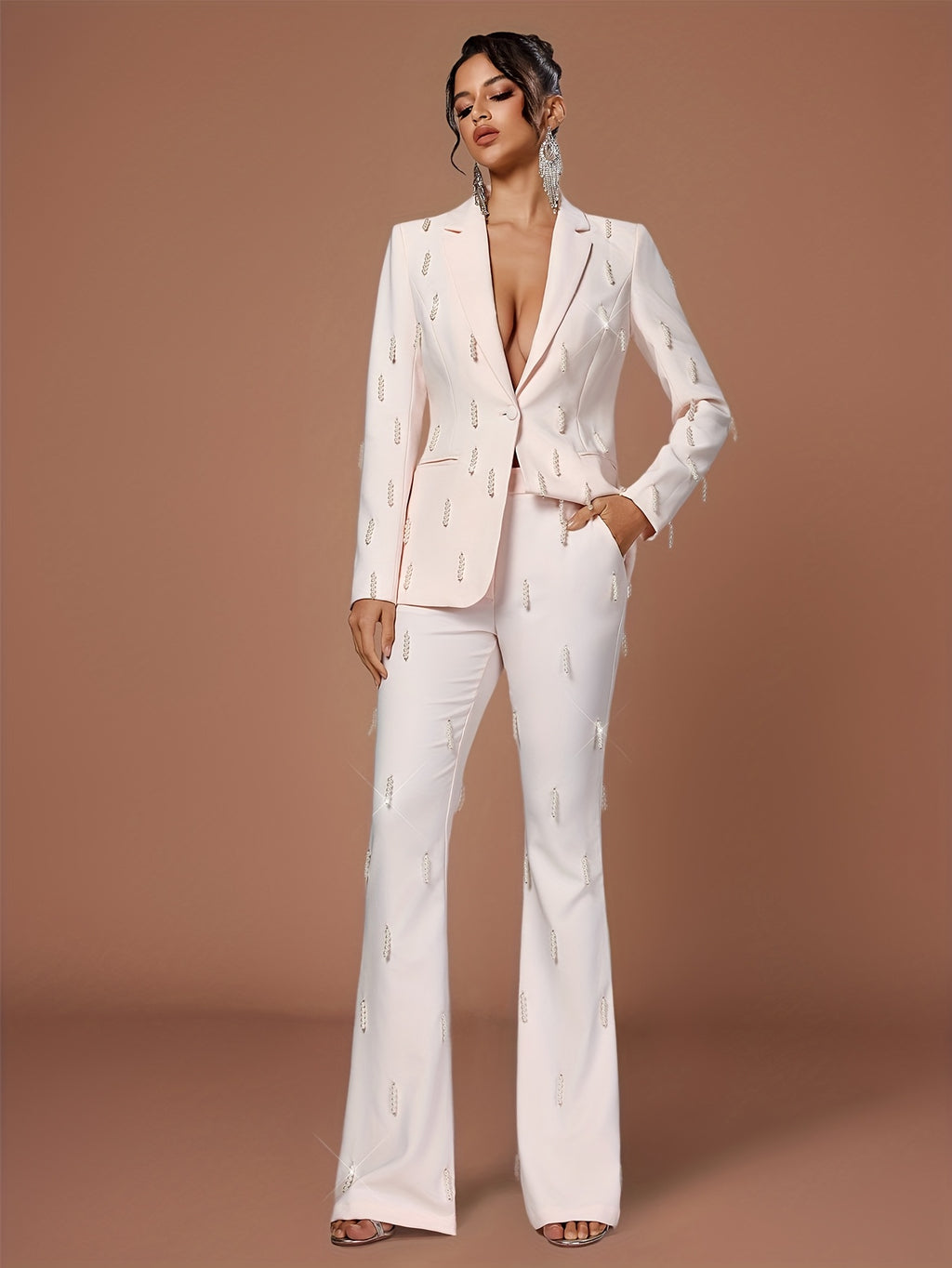 Elegant Beaded Blazer & Pants Set - Chic White Double-Breasted Suit with Lapel Collar, Long Sleeves, and Side Pockets for Women, Perfect for Casual or Formal Occasions, Casual Attire|Sophisticated Style|Beaded Detailing