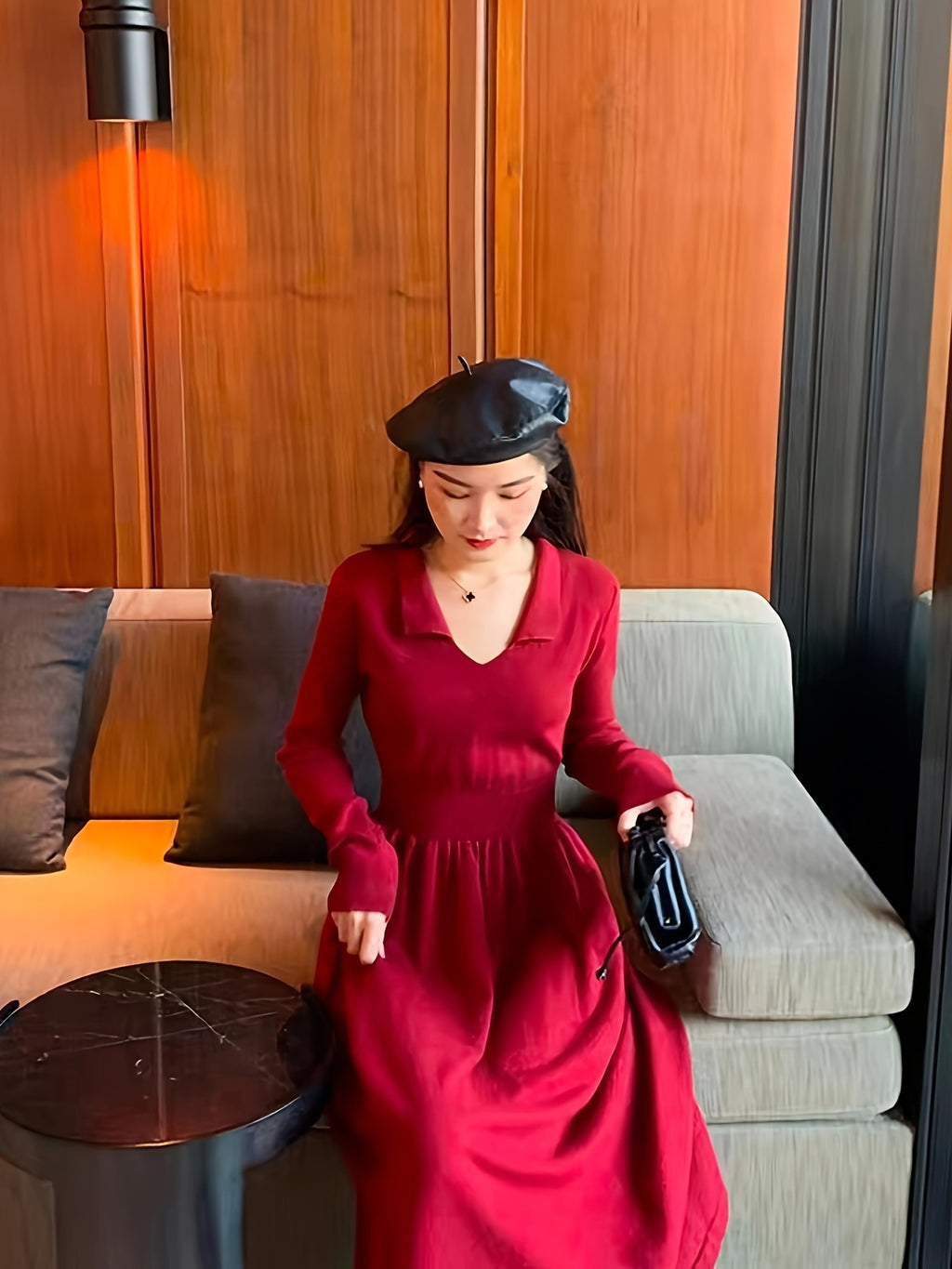 Elegant Red Dress - Long Sleeve, V-Neck, Ruched Waist, Black Beret | Polyester, Fall Winter Attire, Stylish Layering Piece