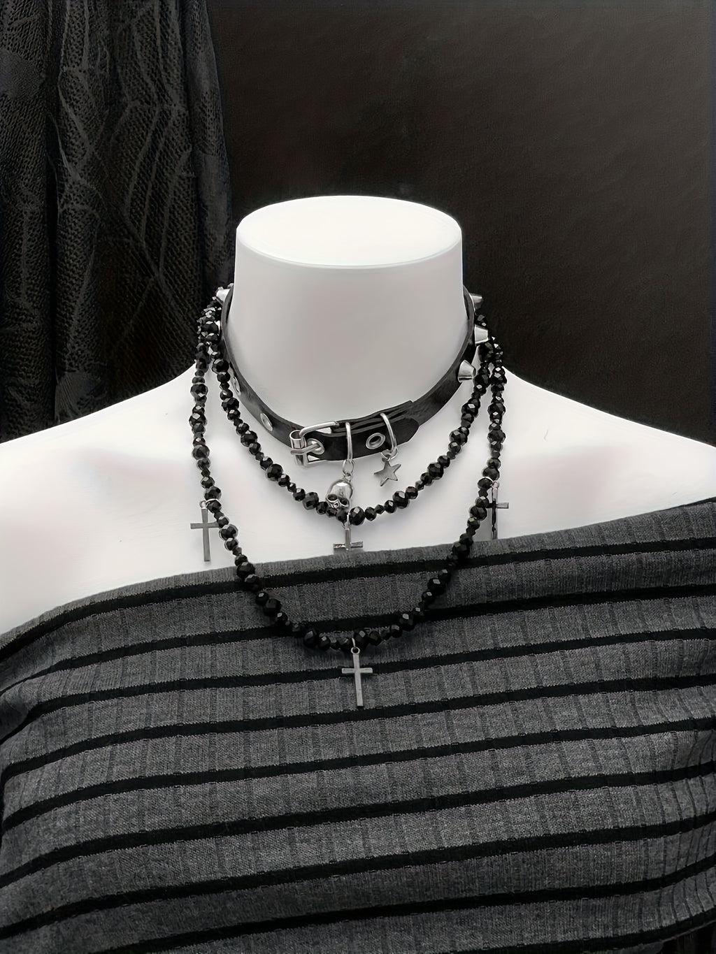 Women's Winter Off-the-Shoulder Striped Dress - Slim-Fit Bodycon Long Sleeve A-Line with Dark Grey & Black Horizontal Stripes, Machine Washable White Collar Neckline (No) for Parties, Weddings, Prom - Elegant Cold Weather