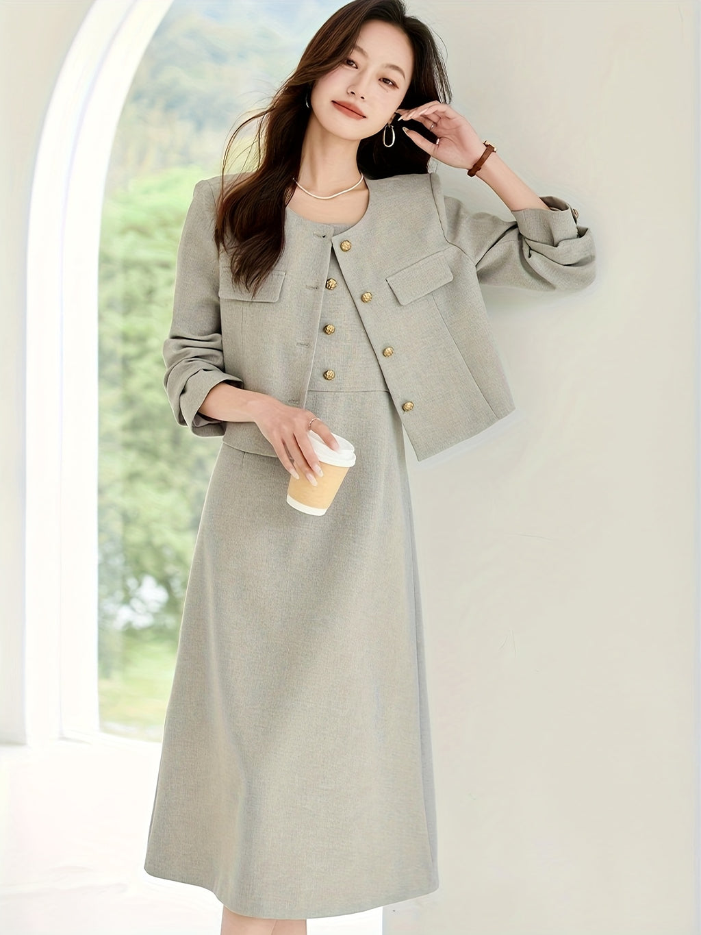 Elegant French-Inspired Two-Piece Set: Spring\u002FAutumn Long Sleeve Jacket with Waist-Cinching Design and a Skirt with Spaghetti Straps, Featuring a Button Detail, Perfect for a Chic Look