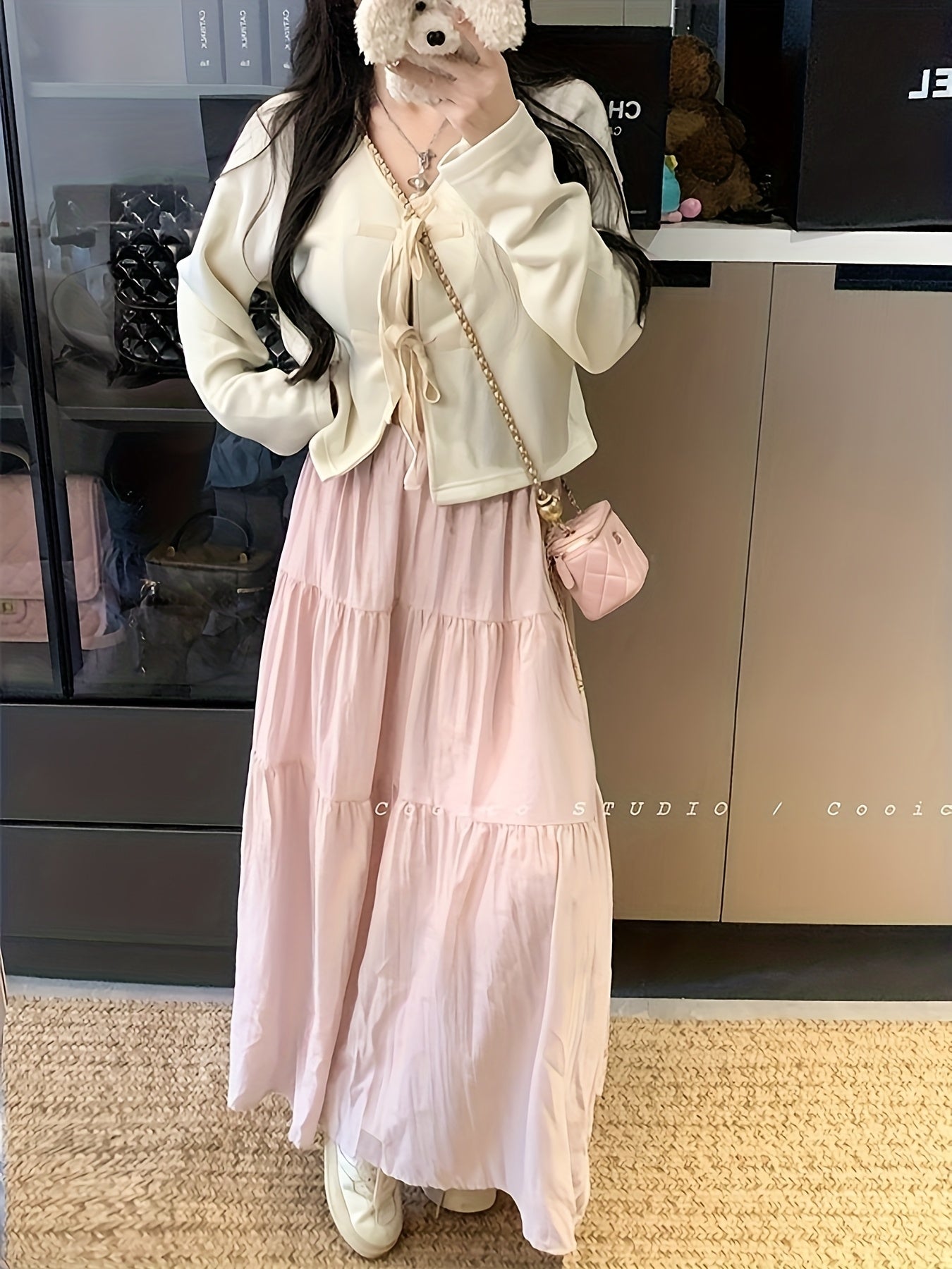 Women'S Casual Sweet Style Beige Cardigan with Bow Tie Detail - V-Neck, Long Sleeve, Button-Up Front, Ruffled Hem, Perfect for Spring & Fall, Casual Wear Cardigan | Vneck Cardigan | Construction