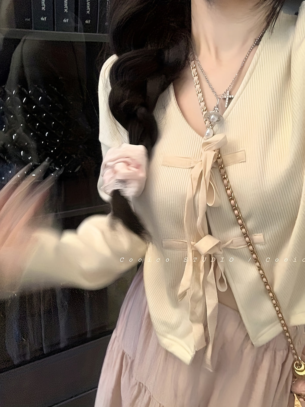 Women'S Casual Sweet Style Beige Cardigan with Bow Tie Detail - V-Neck, Long Sleeve, Button-Up Front, Ruffled Hem, Perfect for Spring & Fall, Casual Wear Cardigan | Vneck Cardigan | Construction