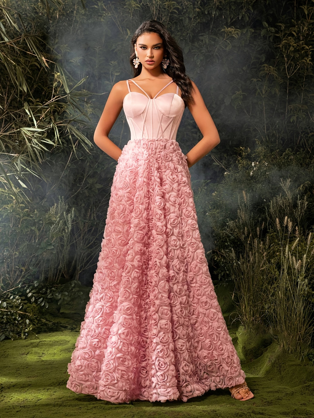 Elegant Off-Shoulder Floral Maxi Dress with Fishbone Waist Detail - Pink Rose Design, Sleeveless, Floor-Length, Perfect for Weddings & Formal Events, Wedding Guest Attire | Floral Print Dress | Polyester Fabric