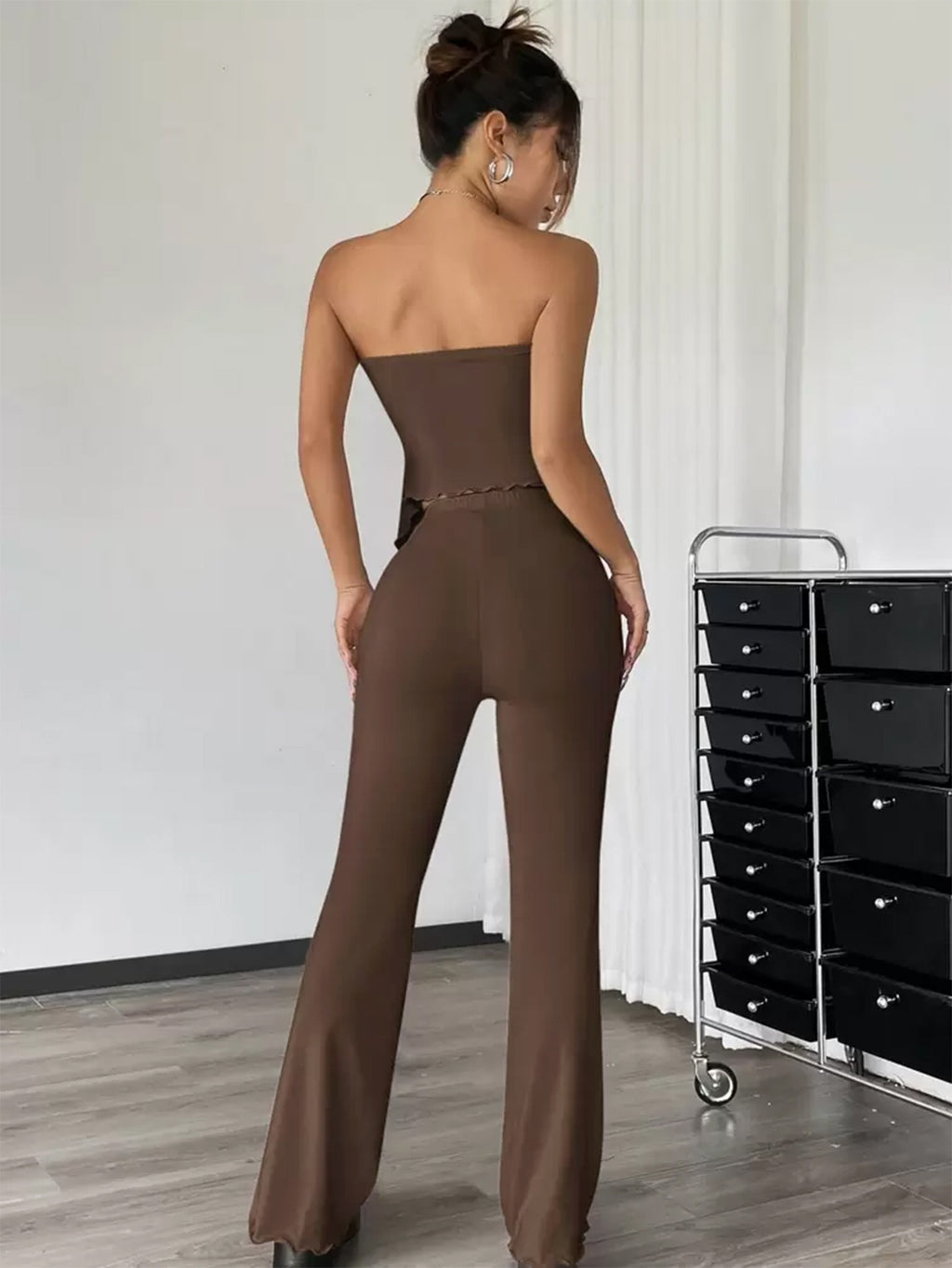 Women'S Elegant Solid Color Drawstring Ruched Tube Top & Flared Pants Set - High Waist, Stretchy Polyester, All-Season Fashion, Casual Chic, Casual Chic Outfit|High Waist Top|Polyester Fabric