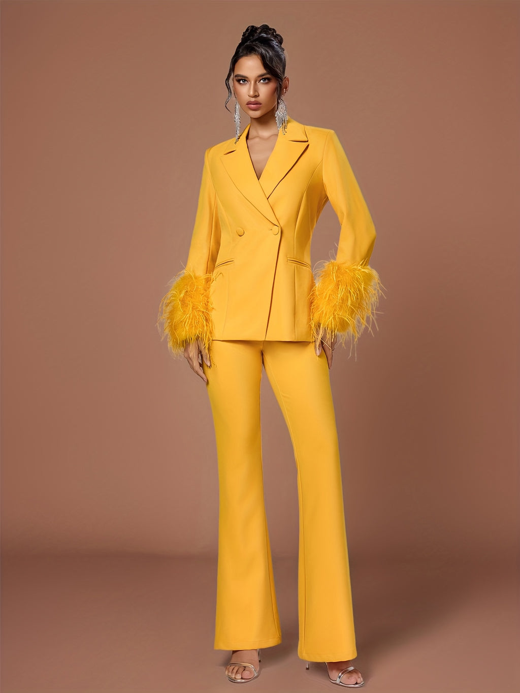 Prosperity Lady Elegant Solid Color Long Sleeve Fuzzy Casual Suit New Single-Buckle Daily Wear Suit