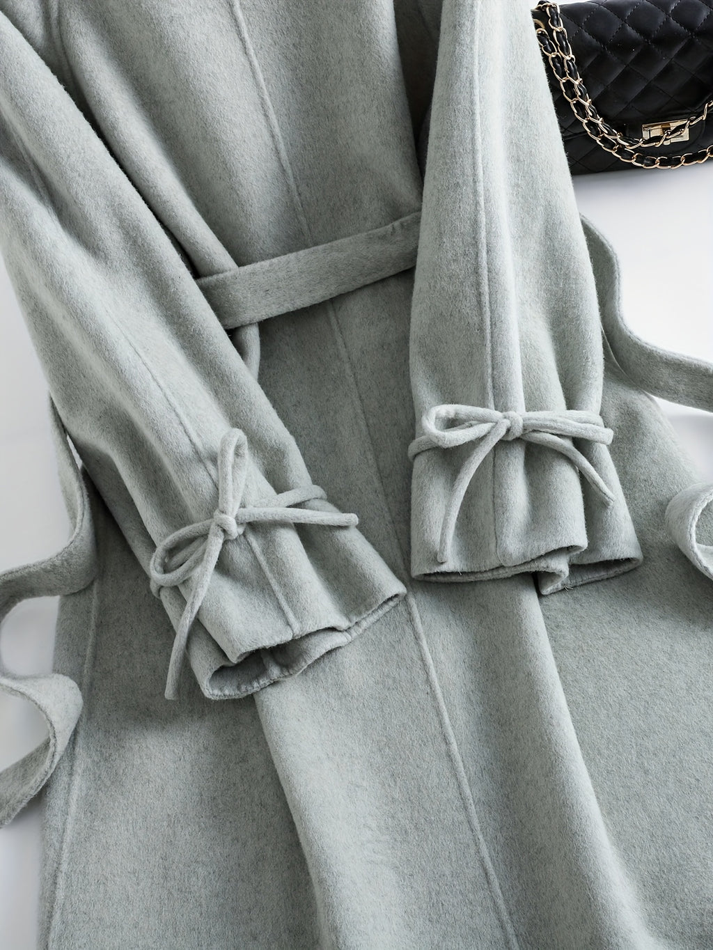 Gentle and Cute Light Green Tweed Luxury Wool Peter Pan Collar Tie Long Coat Women's Autumn Winter Outerwear Casual