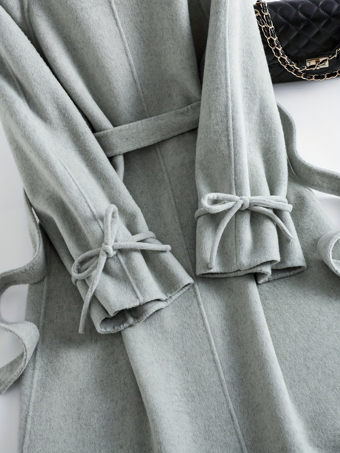 Gentle and Cute Light Green Tweed Luxury Wool Peter Pan Collar Tie Long Coat Women's Autumn Winter Outerwear Casual