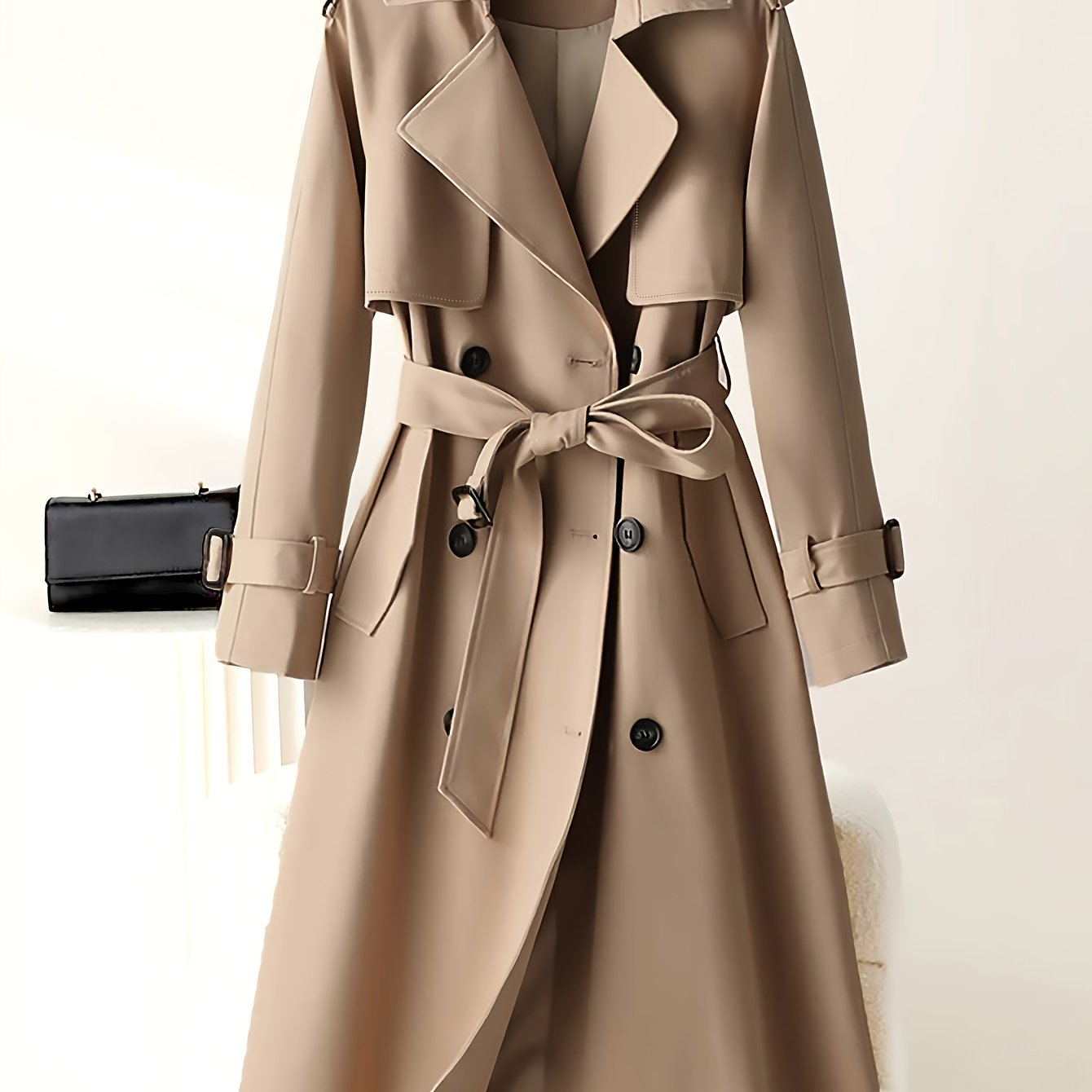 Women's Elegant Beige Trench Coat - Heavy-Duty Winter Jacket with Collar & Belted Waist, Structured Fit, Golden-Tone Button Closure, Machine Washable Classic Outerwear for, Casual & Formal Events (No Stretch)