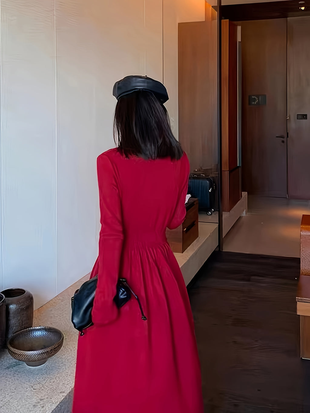 Elegant Red Dress - Long Sleeve, V-Neck, Ruched Waist, Black Beret | Polyester, Fall Winter Attire, Stylish Layering Piece