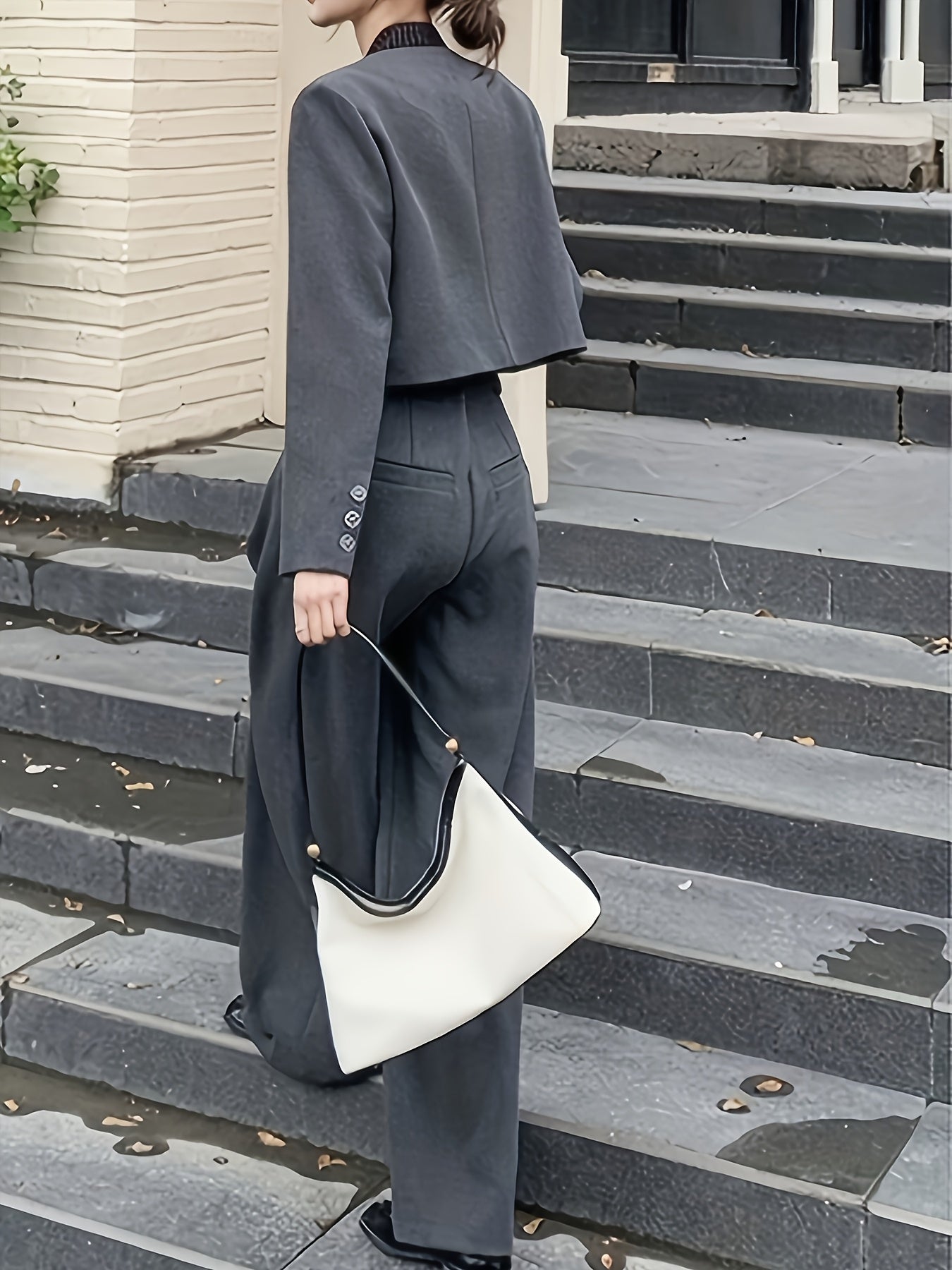 Women'S Two-Piece Autumn\Winter Elegant Commuter Suit Set - High-Waisted Wide-Leg Pants, No-Collar Short Jacket, Solid Color, Casual Style, Perfect for Fall\u002FWinter, Casual Attire|Elegant Commuter Suit|Wideleg Pants, Ladies Pantsuit