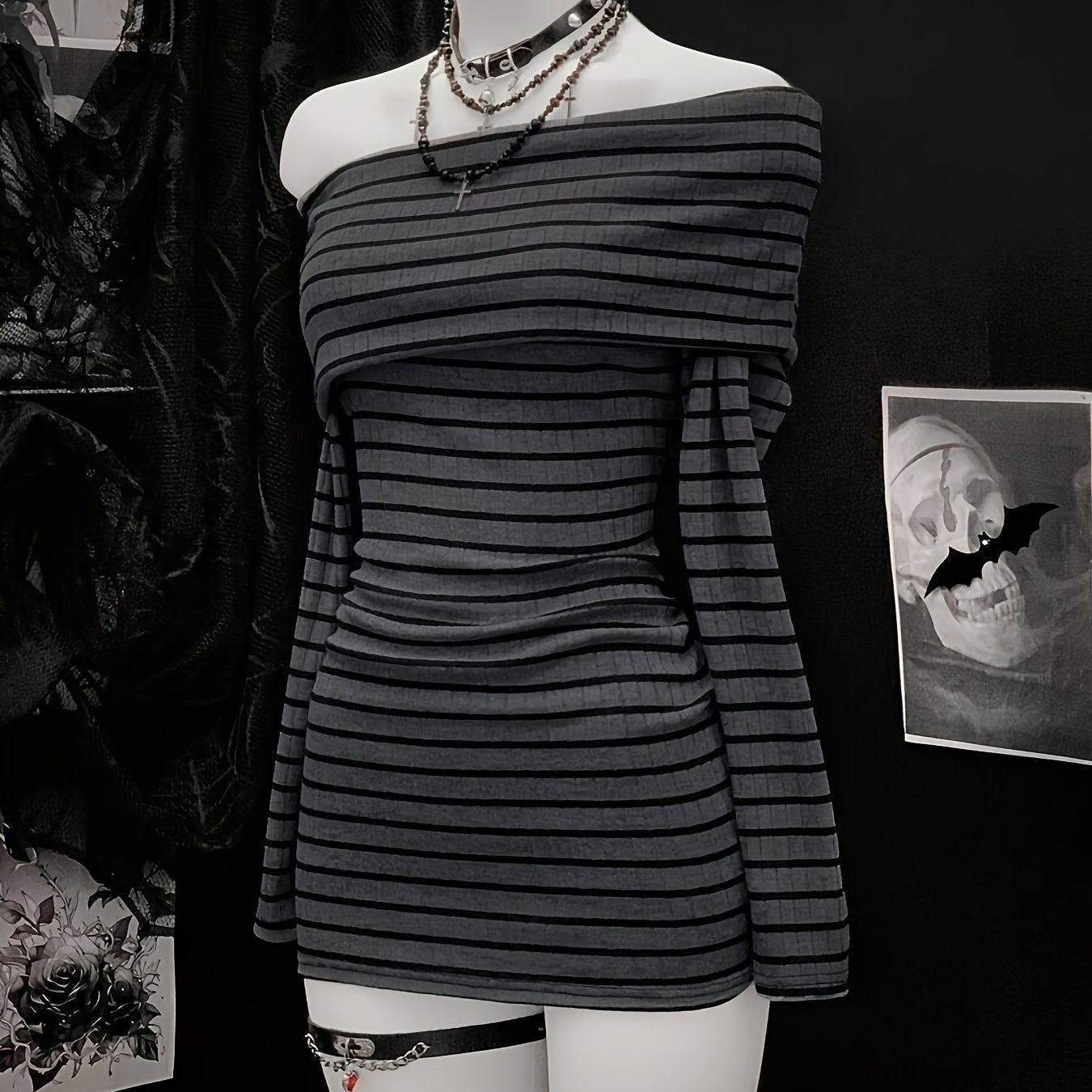 Women's Winter Off-the-Shoulder Striped Dress - Slim-Fit Bodycon Long Sleeve A-Line with Dark Grey & Black Horizontal Stripes, Machine Washable White Collar Neckline (No) for Parties, Weddings, Prom - Elegant Cold Weather