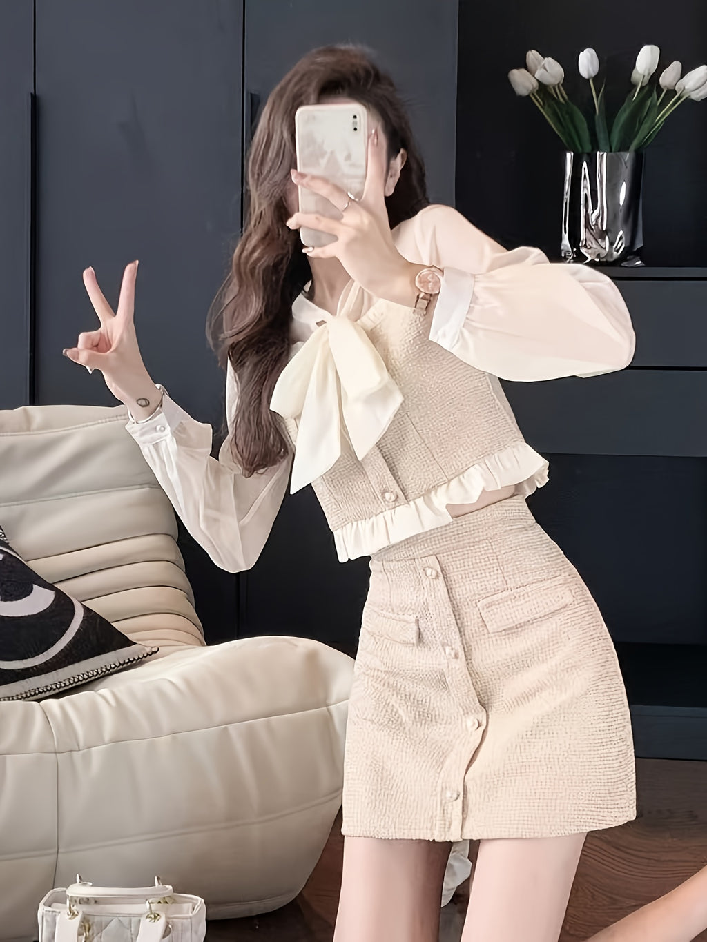 Autumn-Winter Petite Waist- Apricot Color Elegant Spliced Two-Piece Set, Autumn Outfit For Women