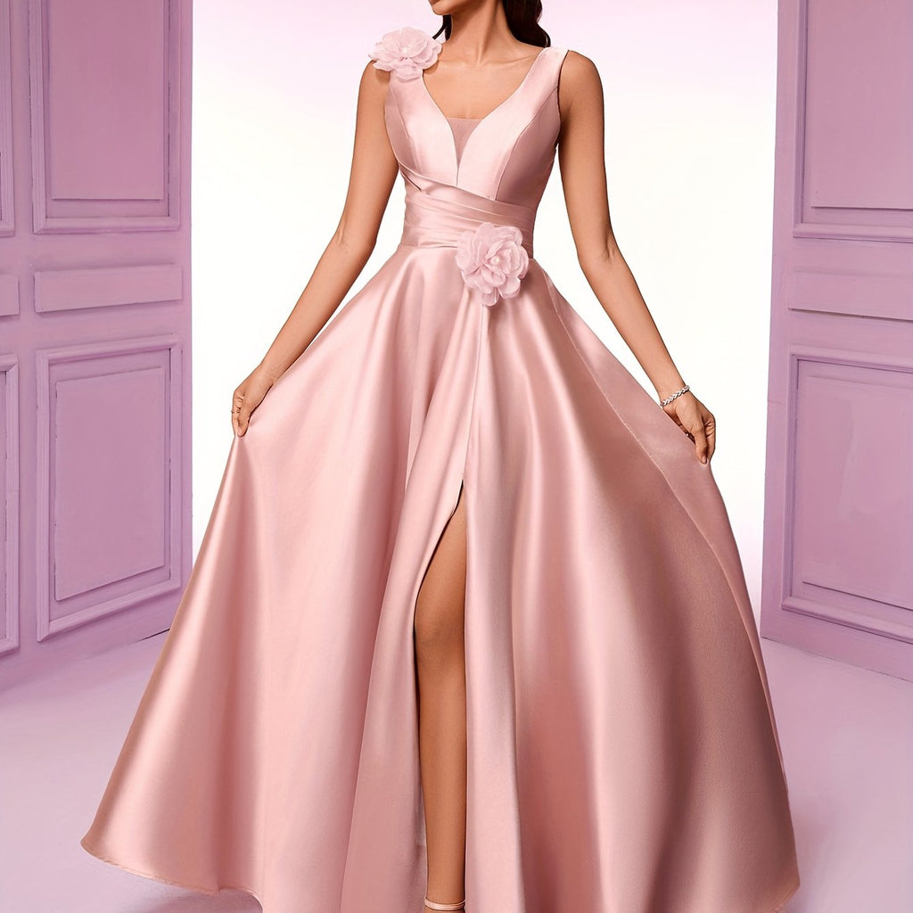 Elegant Women'S Sleeveless V-Neck Gown with Floral Waist Detail - High Waist, Flowing Silhouette, Perfect for Parties, Galas, and Formal Events, High Waist Gown