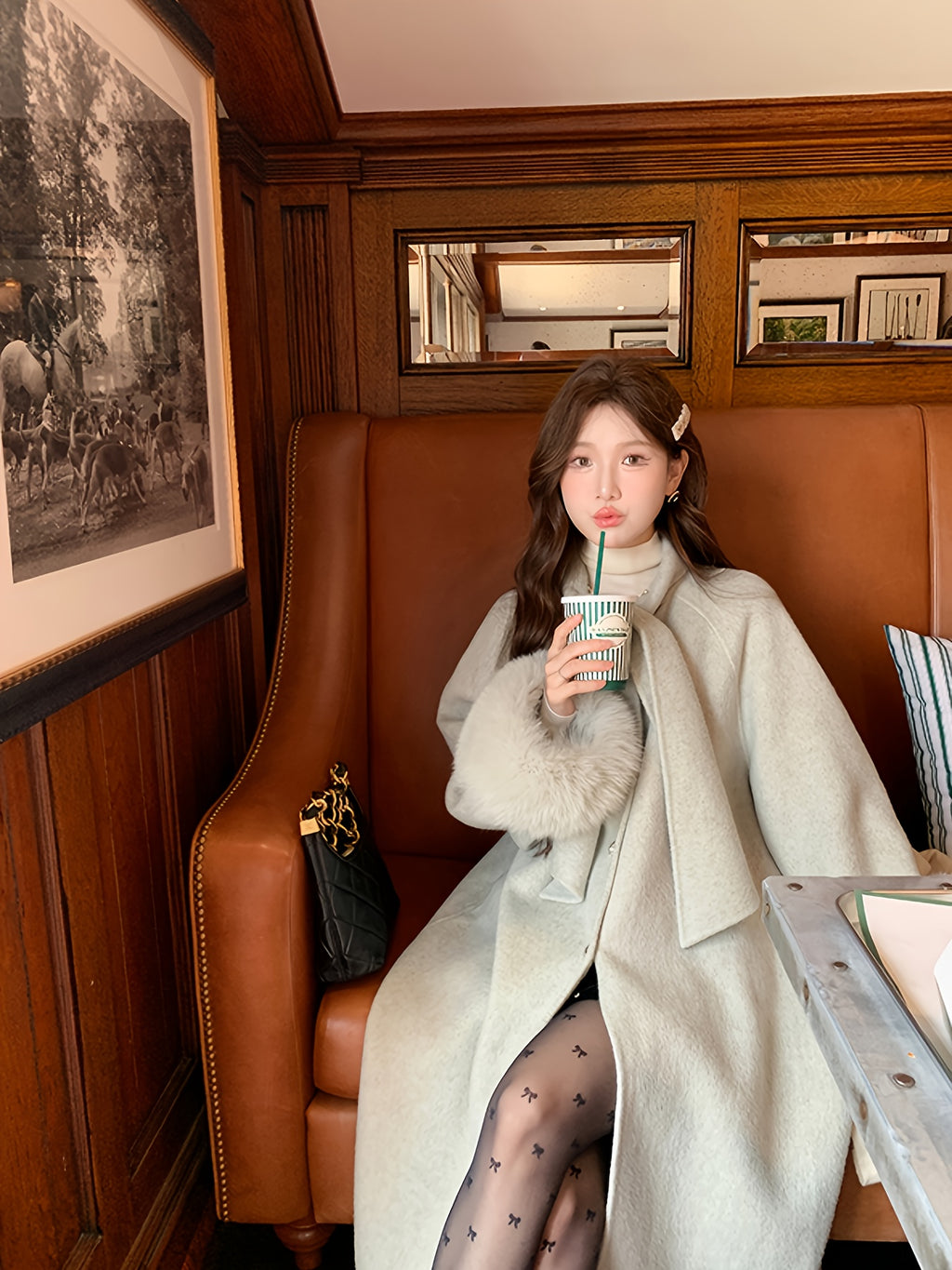 Women's Elegant Tweed Coat with Collar & Cuff - Winter-Ready Mid-Length Jacket, Structured Houndstooth-Like Pattern (No Chest Padding), Hand Wash\u002FDry Clean - Grey\u002FBrown British-Inspired Outerwear for & Formal Events