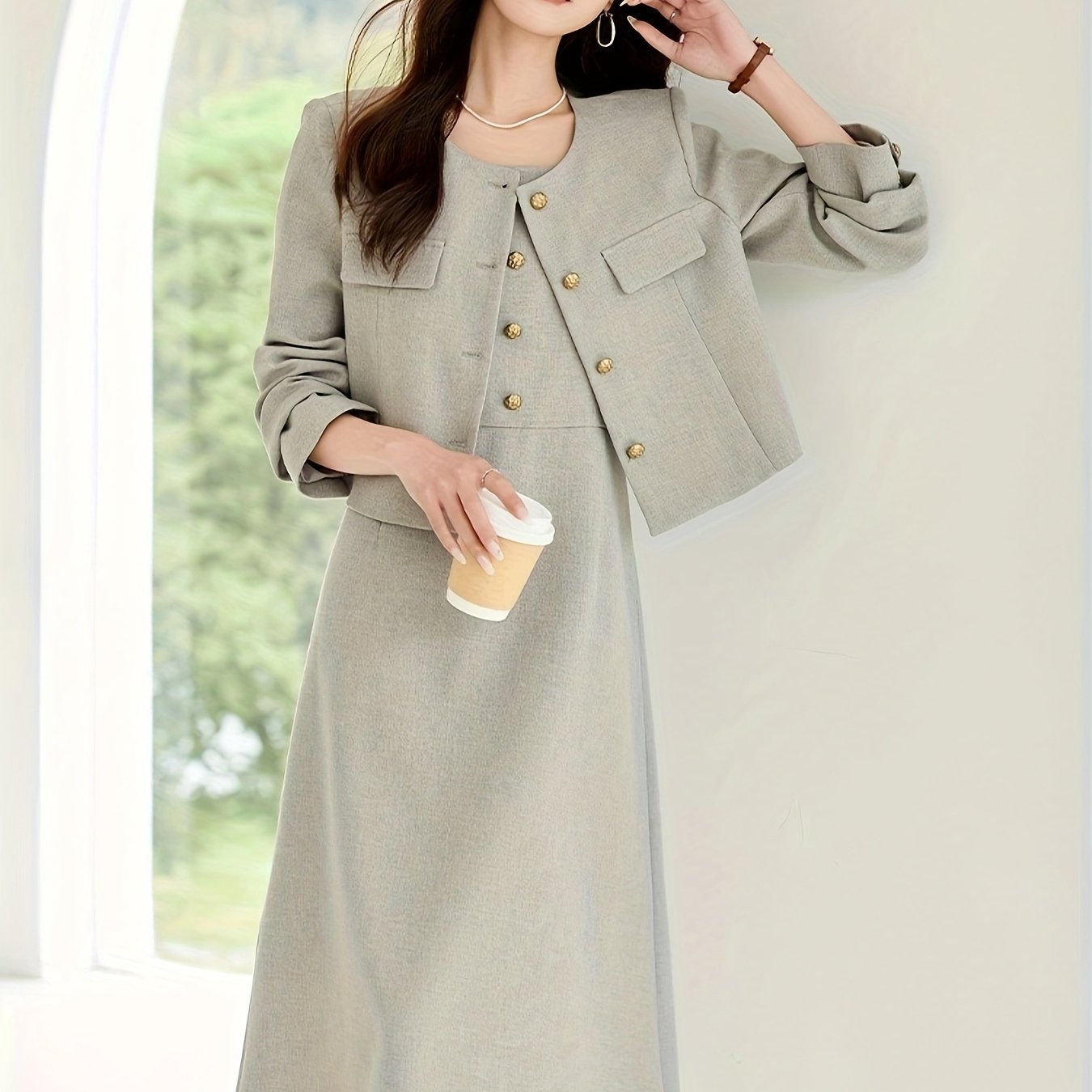 Elegant French-Inspired Two-Piece Set: Spring\u002FAutumn Long Sleeve Jacket with Waist-Cinching Design and a Skirt with Spaghetti Straps, Featuring a Button Detail, Perfect for a Chic Look