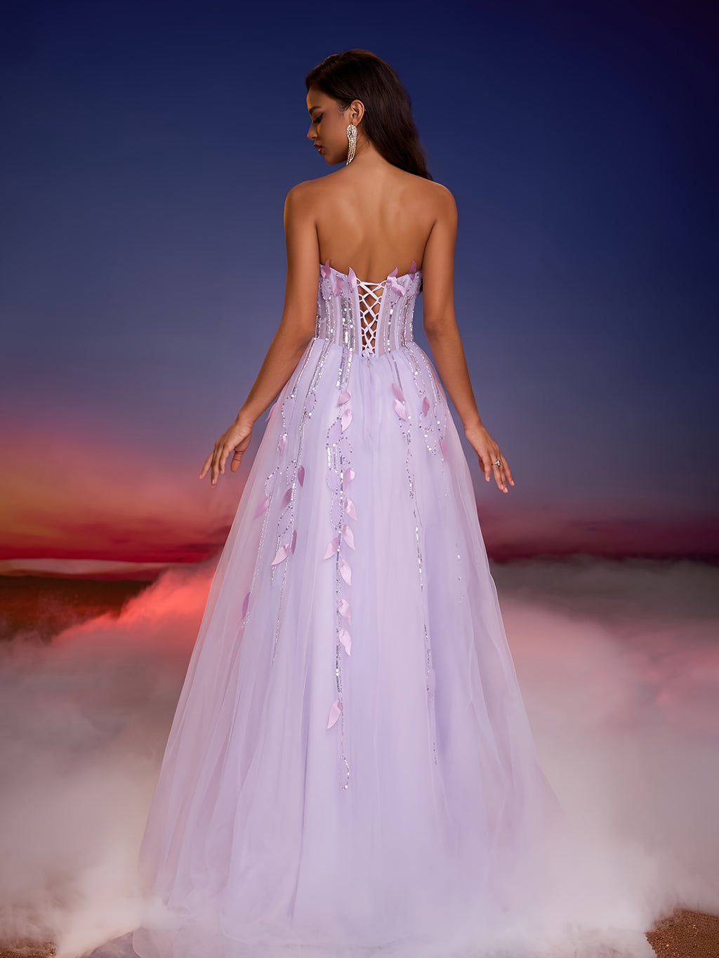 Elegant Off-Shoulder Gown with Handmade Leaf & Bead Embellishments, Flowing Tulle Skirt, Perfect for Formal Events, Banquets, and Balls, Formal Evening Wear | Offshoulder Design | Intricate Embellishments, Dress