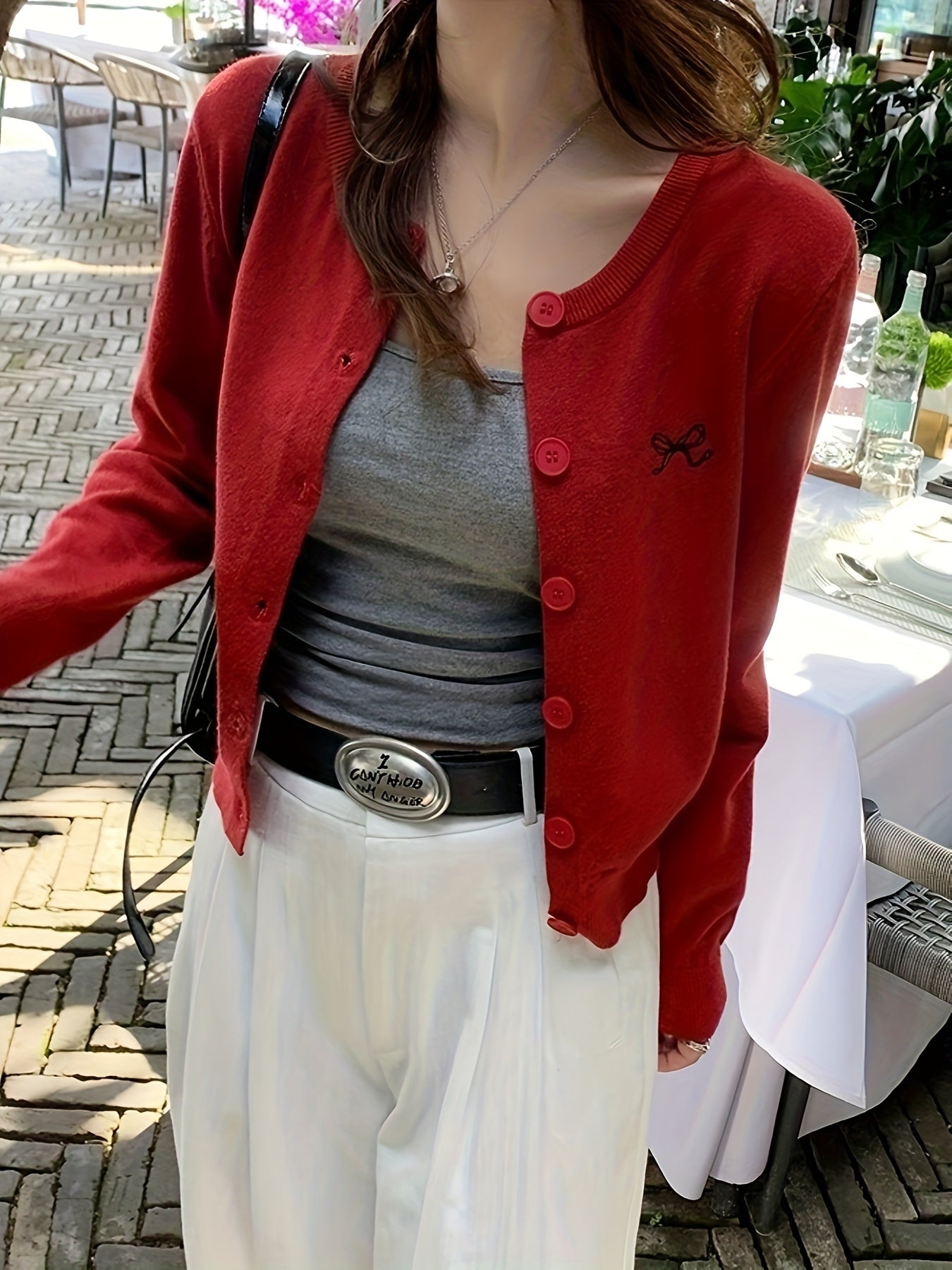 Women's Korean Style -Embroidered Cardigan Jacket - 4 Colors (White\u002FBlack\u002FNavy\u002FBeige) | Short Slim-Fit Blazer-like Coat with Collar & Golden-Tone Buttons | Spring\u002FFall Layering for Casual, Office & College Wear