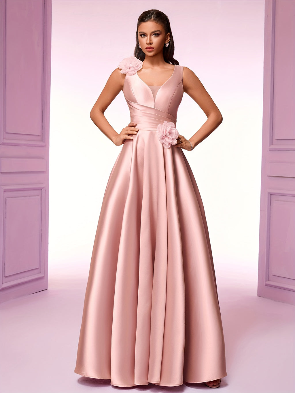 Elegant Women'S Sleeveless V-Neck Gown with Floral Waist Detail - High Waist, Flowing Silhouette, Perfect for Parties, Galas, and Formal Events, High Waist Gown