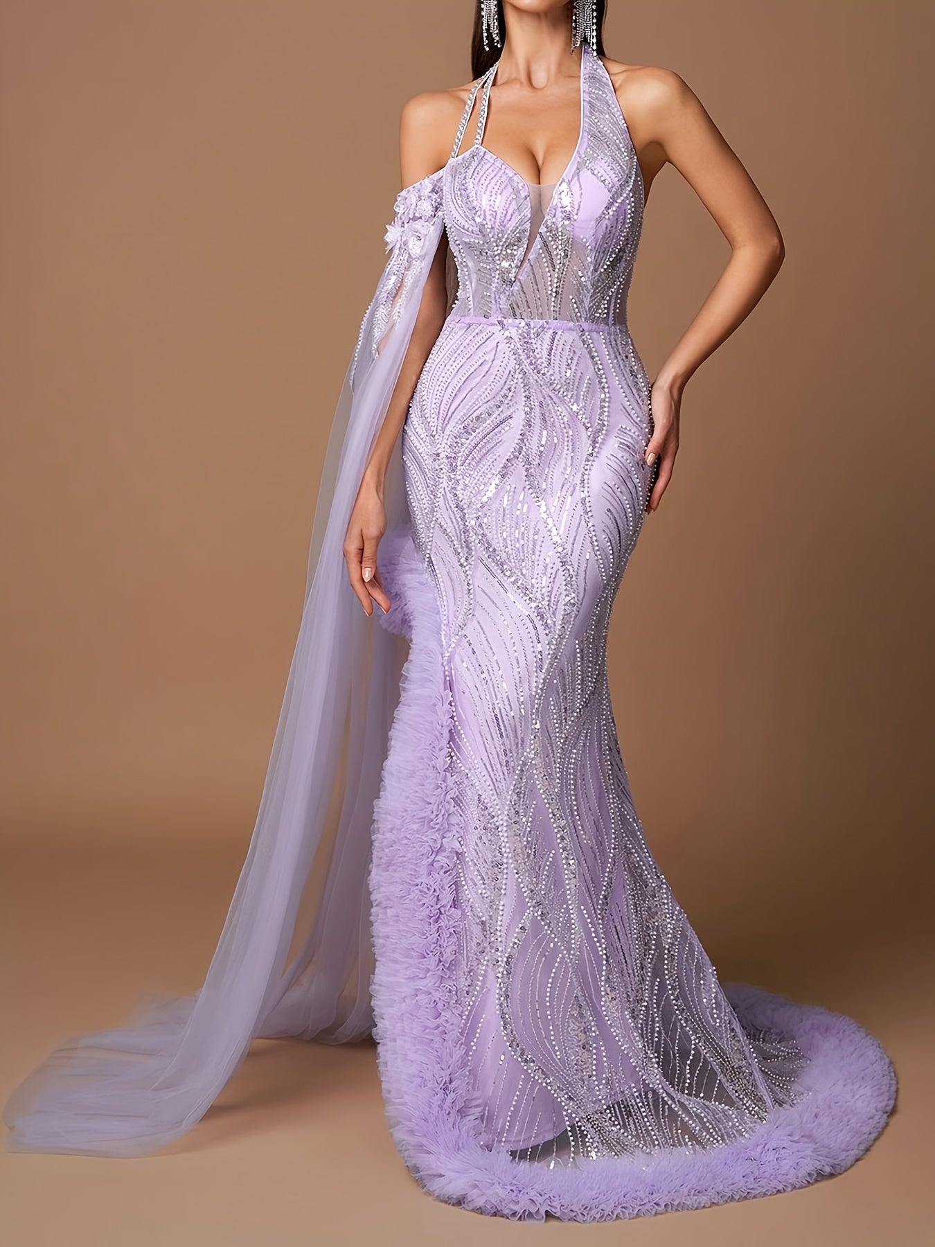 Elegant Lavender Halter Neck Evening Gown for Women | Deep V-Neck with Sequin Detail | Ruffled Lace-Up Bodice & High-Low Hem | Sheer Mesh Sleeves | Perfect for Formal Events