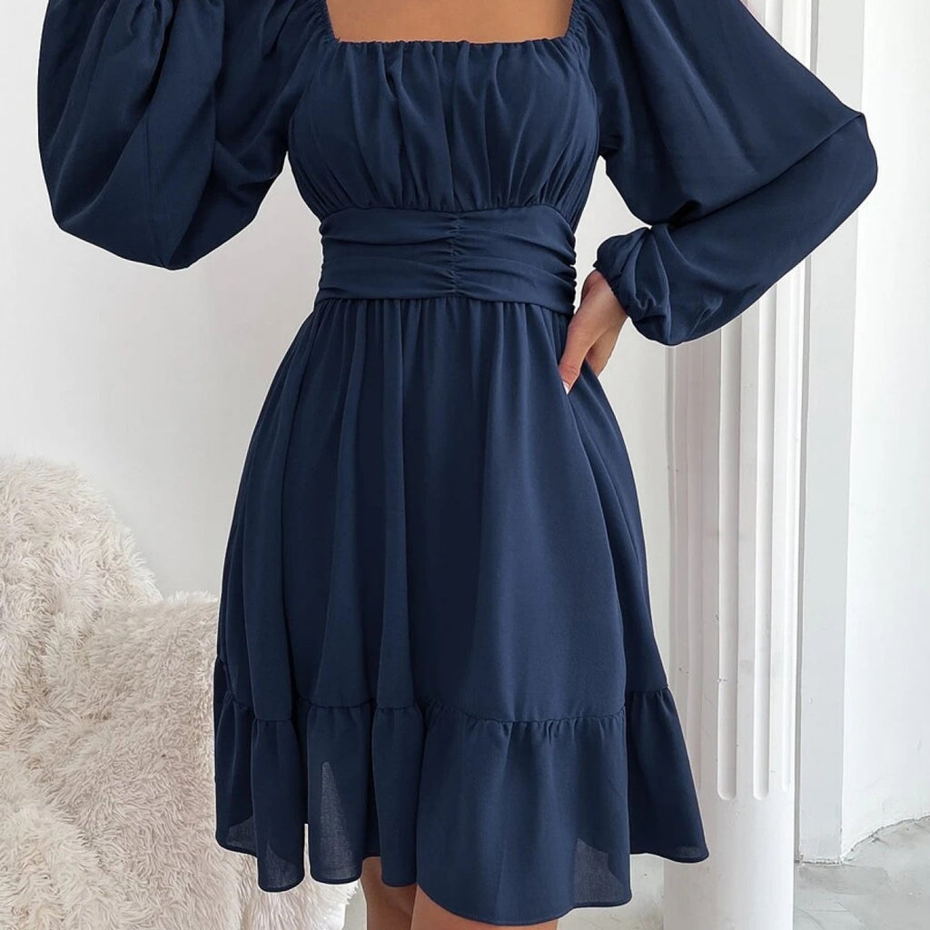 Women'S Elegant Navy Knot Back Lantern Sleeve Ruffle Hem Milkmaid Dress - Square Neck Short Formal Party Wedding Guest Dress with Puff Sleeve Ruffles, All-Season Versatile Party & Semi-Formal Attire, Comfortable & Flattering Fit, Easy Care Fabric