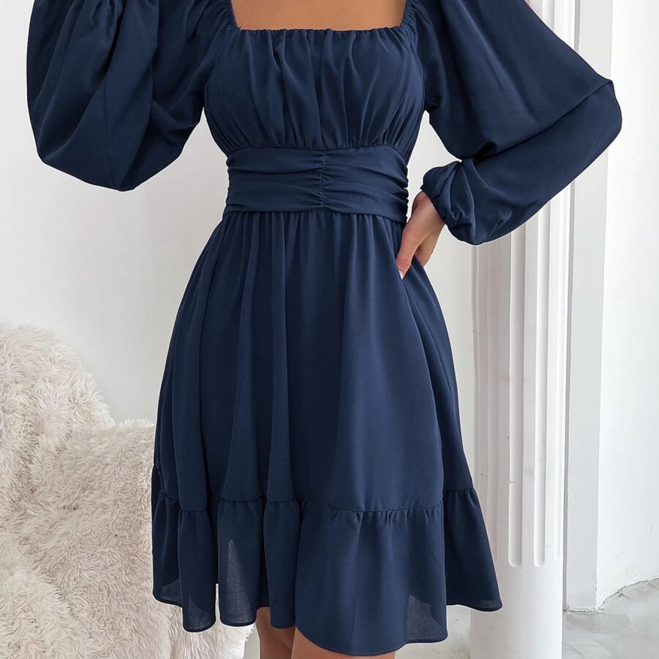 Women'S Elegant Navy Knot Back Lantern Sleeve Ruffle Hem Milkmaid Dress - Square Neck Short Formal Party Wedding Guest Dress with Puff Sleeve Ruffles, All-Season Versatile Party & Semi-Formal Attire, Comfortable & Flattering Fit, Easy Care Fabric