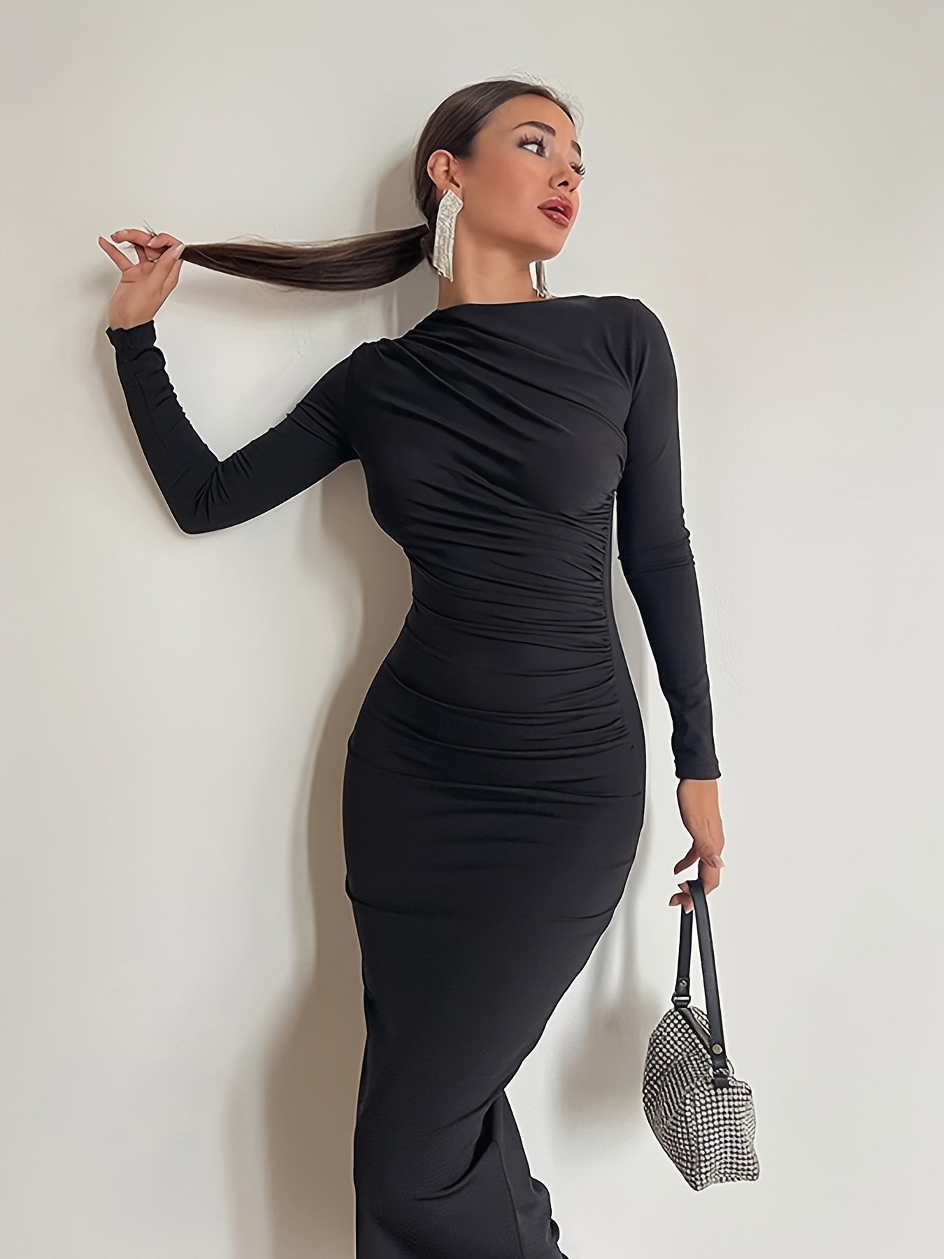 Elegant Long-Sleeve Black Fitted Dress with Ruched Detail and Slit - Stylish Pencil Skirt for Women, All-Season Wear, Elegant Attire|Ruched Detail Dress|Sleek Fit