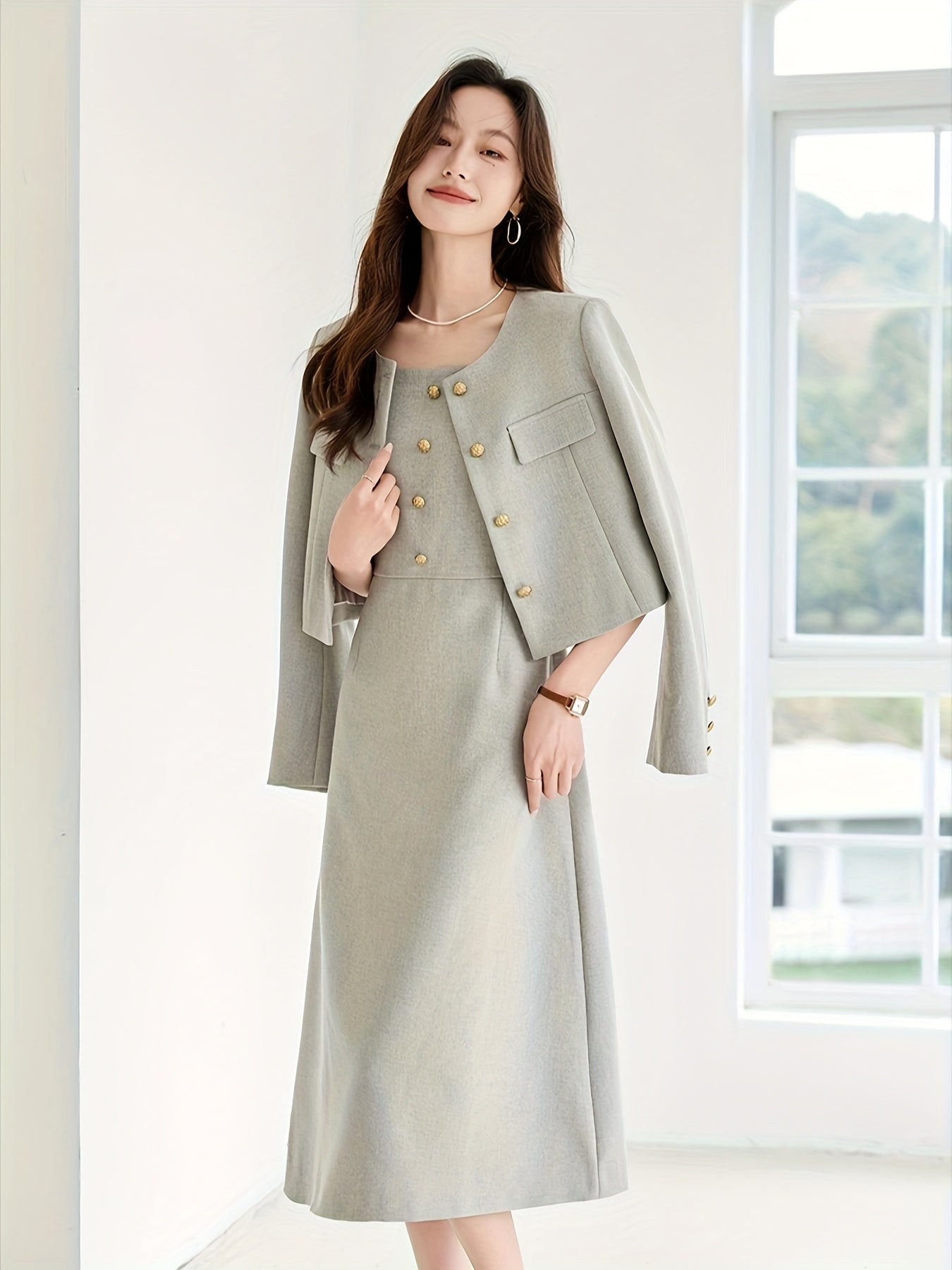 Elegant French-Inspired Two-Piece Set: Spring\u002FAutumn Long Sleeve Jacket with Waist-Cinching Design and a Skirt with Spaghetti Straps, Featuring a Button Detail, Perfect for a Chic Look