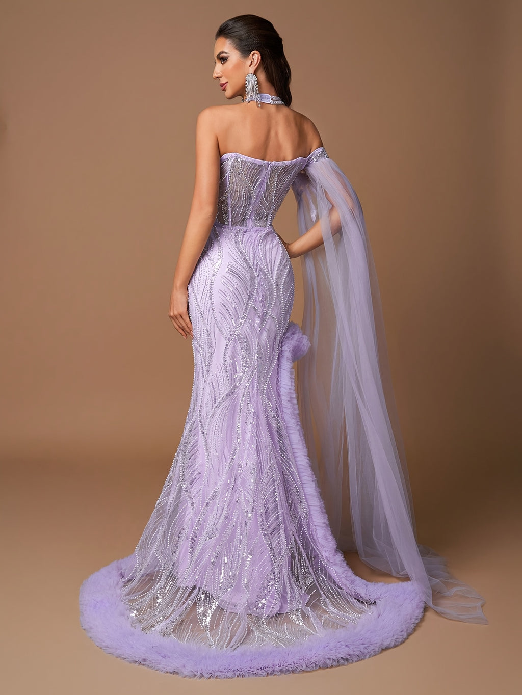 Elegant Lavender Halter Neck Evening Gown for Women | Deep V-Neck with Sequin Detail | Ruffled Lace-Up Bodice & High-Low Hem | Sheer Mesh Sleeves | Perfect for Formal Events