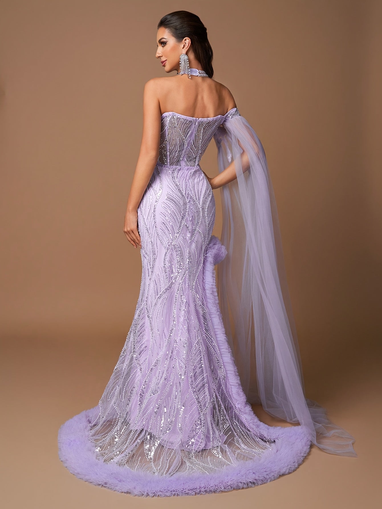 Elegant Lavender Halter Neck Evening Gown for Women | Deep V-Neck with Sequin Detail | Ruffled Lace-Up Bodice & High-Low Hem | Sheer Mesh Sleeves | Perfect for Formal Events