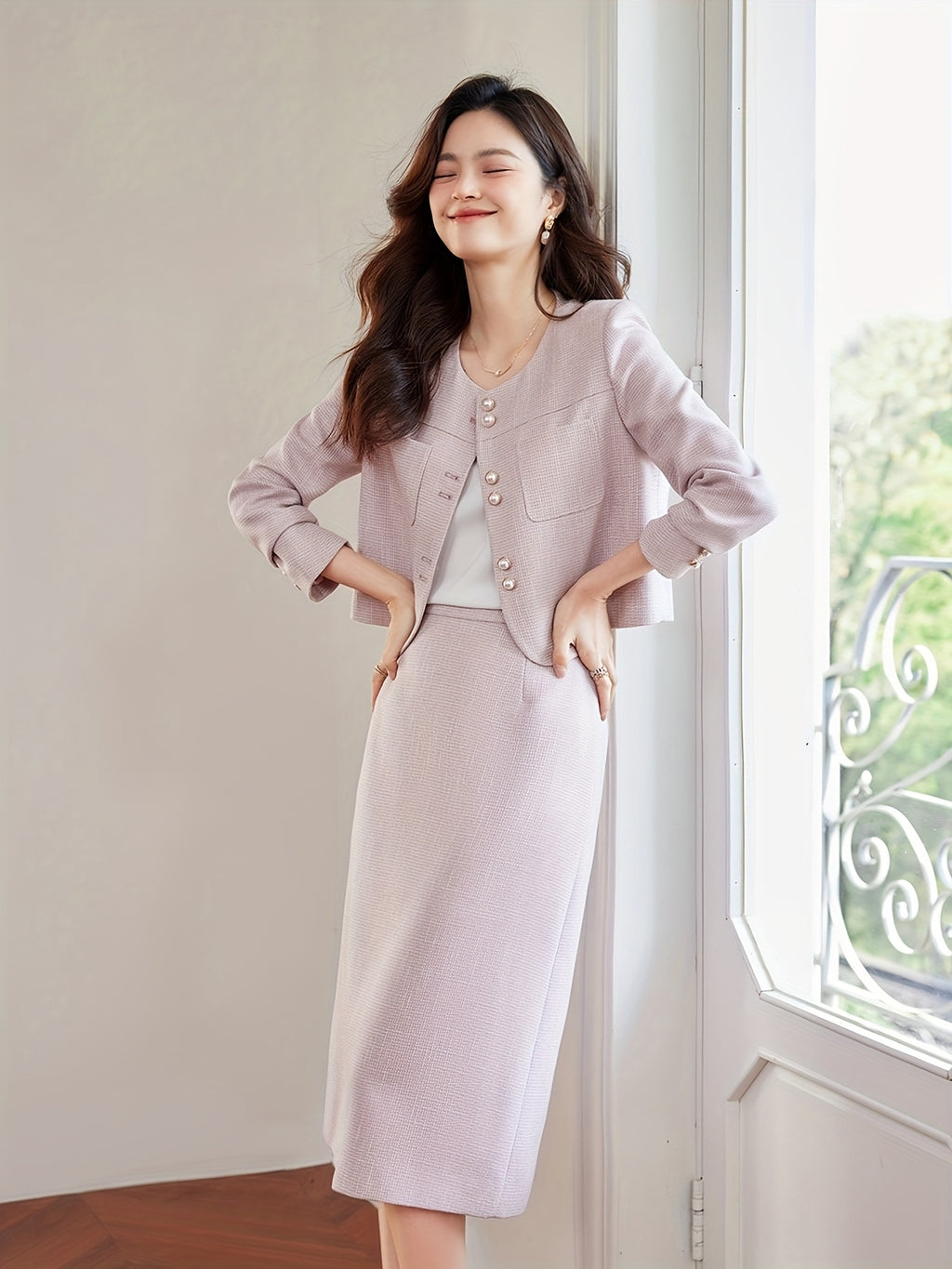 French elegant small fragrance commuting set for women in spring and autumn commuting fashion, versatile Korean A-line skirt two-piece set for women