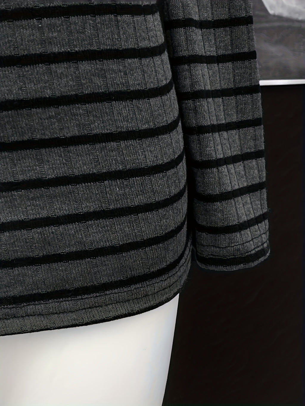 Women's Winter Off-the-Shoulder Striped Dress - Slim-Fit Bodycon Long Sleeve A-Line with Dark Grey & Black Horizontal Stripes, Machine Washable White Collar Neckline (No) for Parties, Weddings, Prom - Elegant Cold Weather