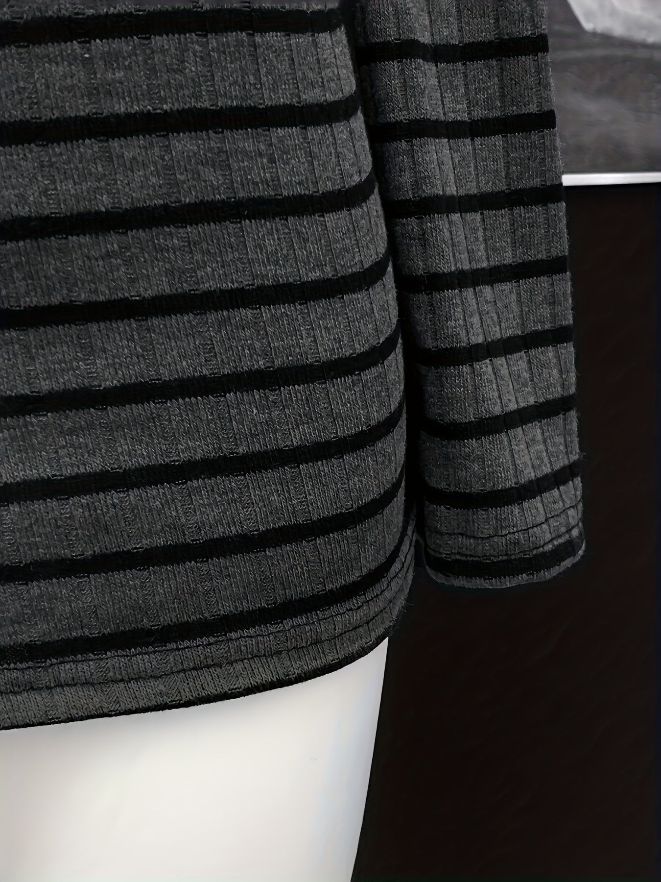 Women's Winter Off-the-Shoulder Striped Dress - Slim-Fit Bodycon Long Sleeve A-Line with Dark Grey & Black Horizontal Stripes, Machine Washable White Collar Neckline (No) for Parties, Weddings, Prom - Elegant Cold Weather