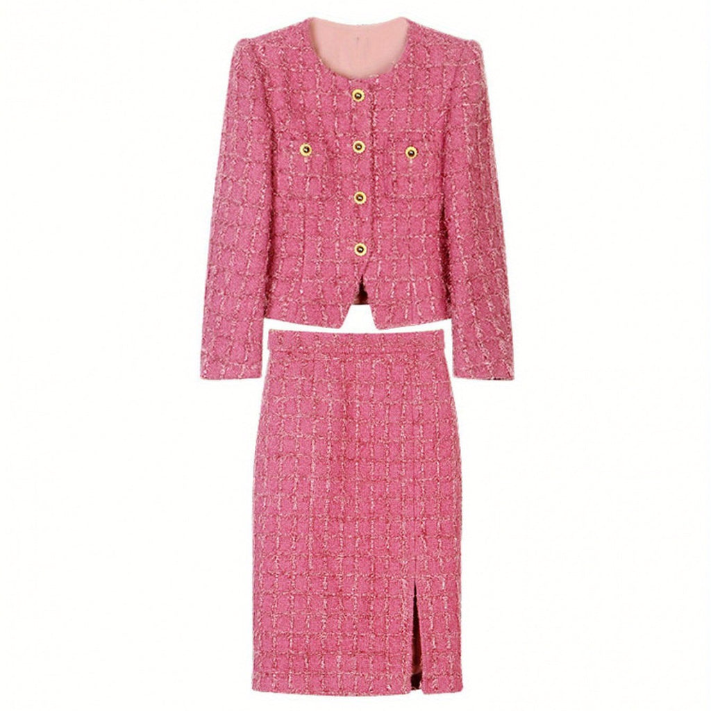 Spring and Autumn DirectionNew Set Sakura Pink Tweed Long Sleeve Plaid Jacket+ Skirt Two-piece Set Set 28613