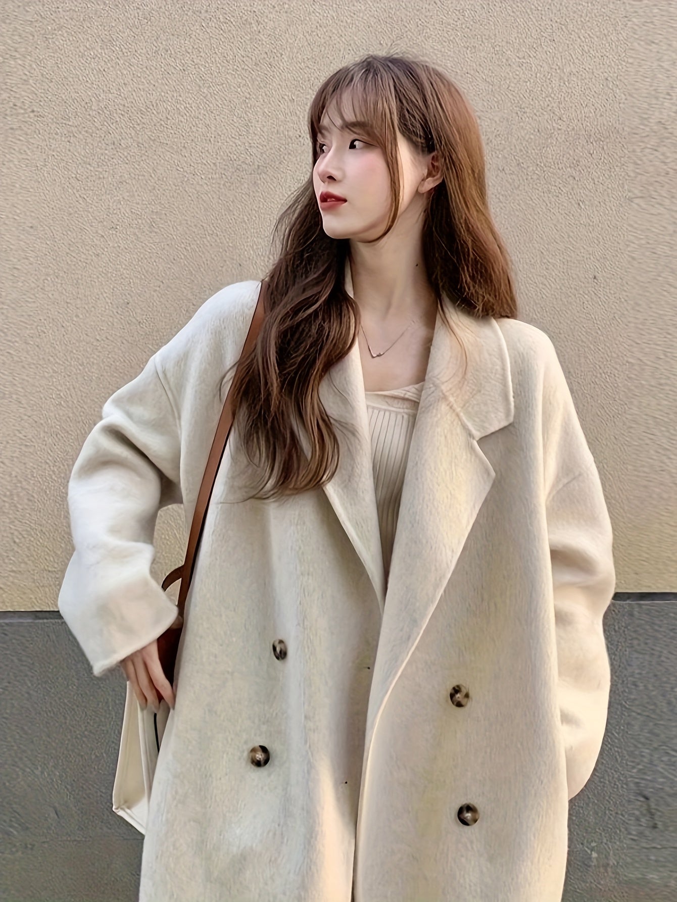 Women's Elegant Thickened Tweed Coat Double-Breasted Button Front Long Loose Fit Winter Jacket - \u002FBeige for petite, Smart Casual Outerwear (Hand Washable) Spring\u002FAutumn Clothing