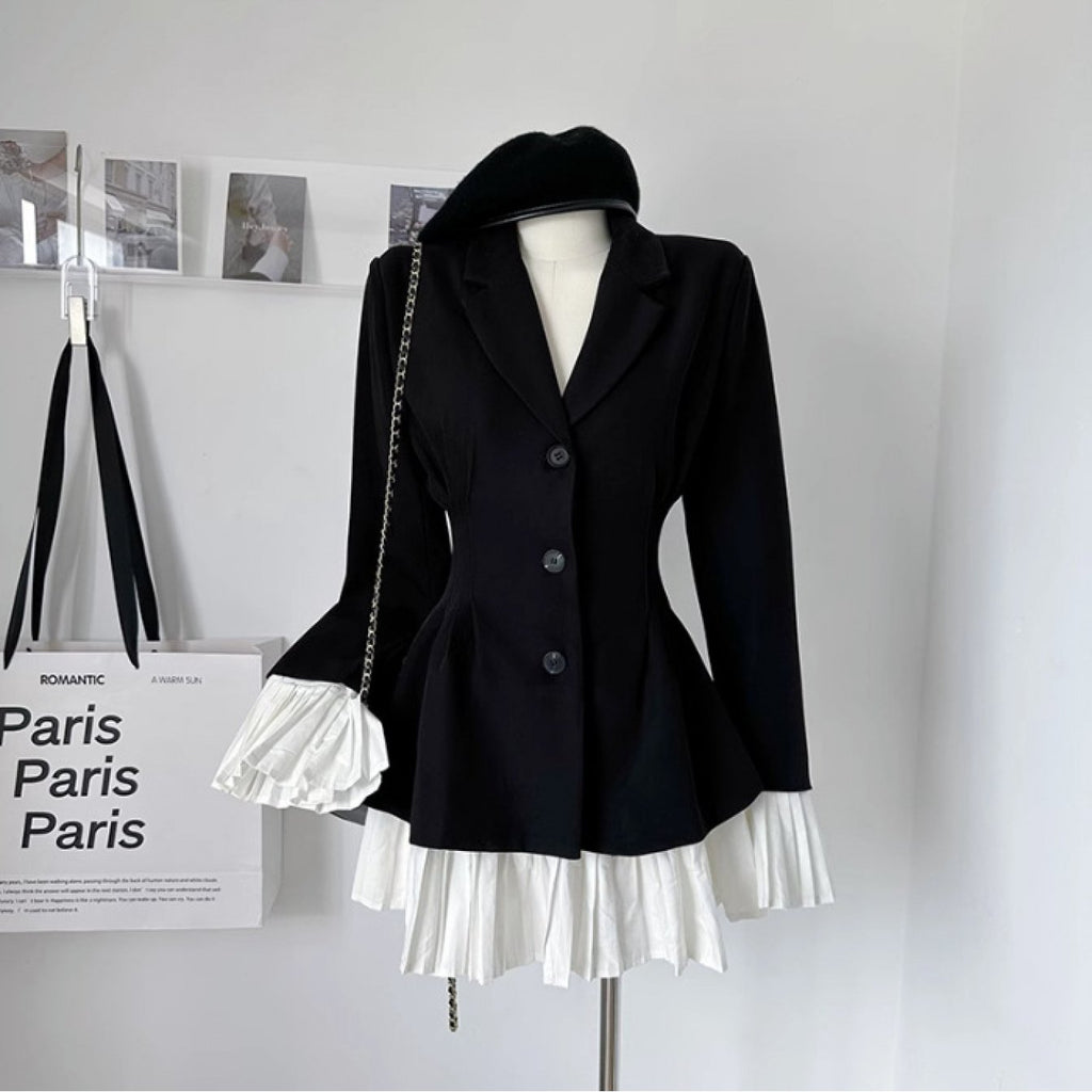 Women's French-Style Elegant Patchwork Button-Front Dress with  - Short Skirt, Ruffle Trim Long Sleeve Wedding Guest Dress, Autumn\u002FWinter Party Attire (Solid Colors)