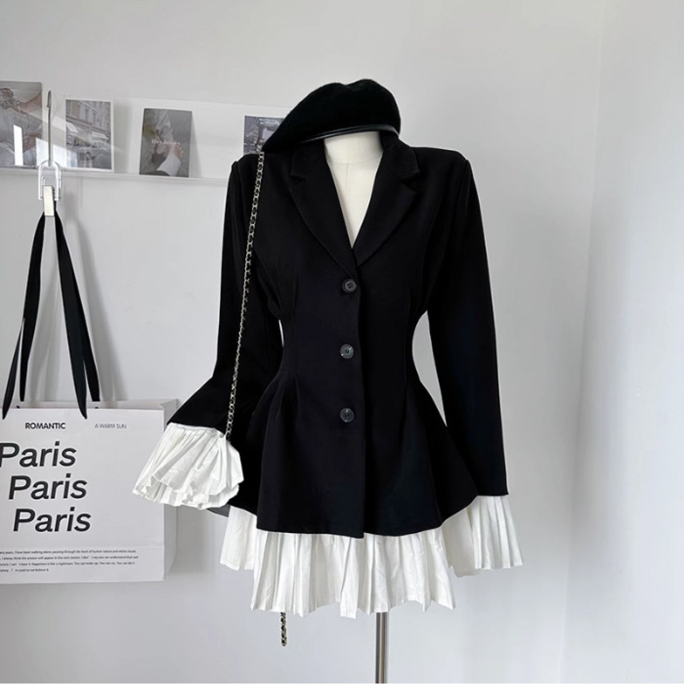 Women's French-Style Elegant Patchwork Button-Front Dress with  - Short Skirt, Ruffle Trim Long Sleeve Wedding Guest Dress, Autumn\u002FWinter Party Attire (Solid Colors)