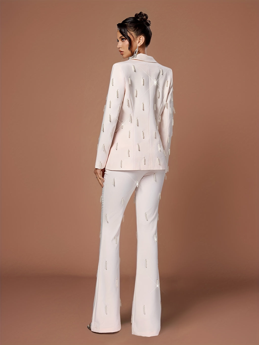 Elegant Beaded Blazer & Pants Set - Chic White Double-Breasted Suit with Lapel Collar, Long Sleeves, and Side Pockets for Women, Perfect for Casual or Formal Occasions, Casual Attire|Sophisticated Style|Beaded Detailing